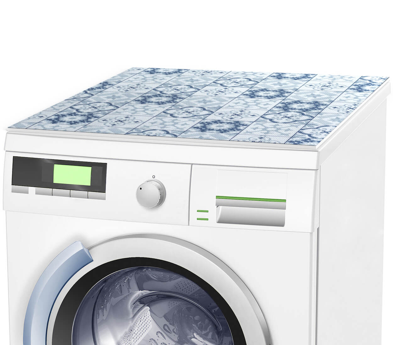 Weiße Waschmaschine mit blau gemustertem Deckel, Display und Knöpfen.