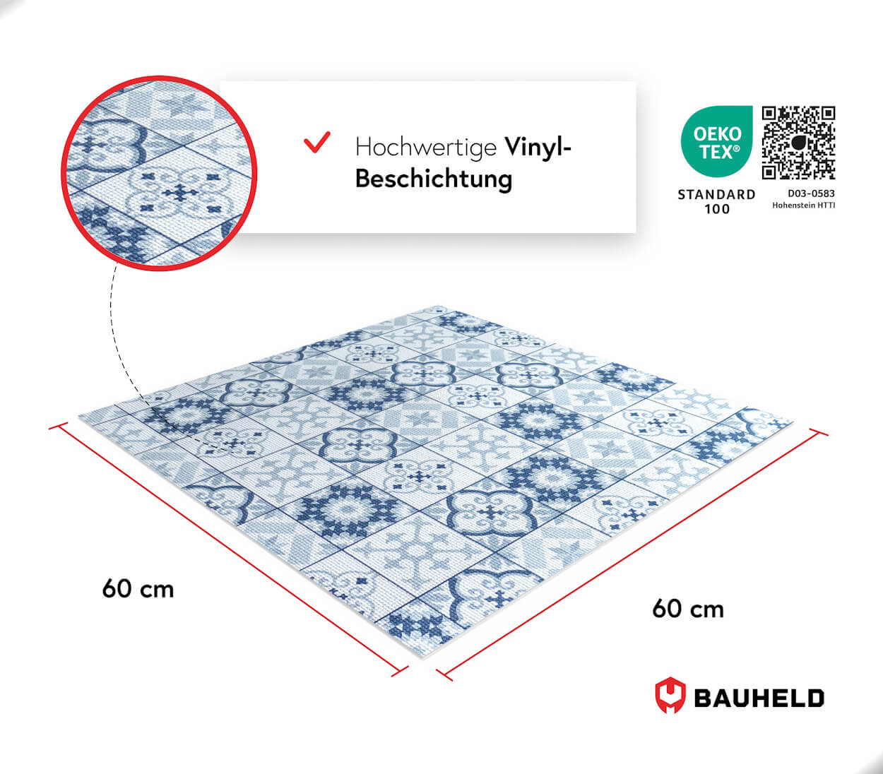 60x60 cm Vinylboden mit blau-weißem Fliesenmuster. Hochwertige Beschichtung.