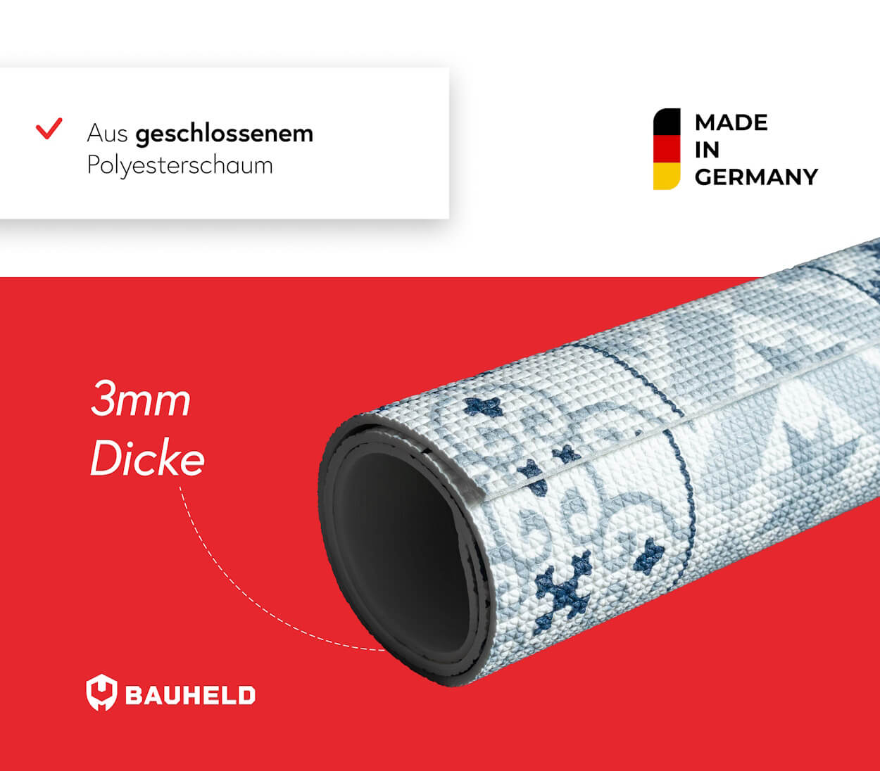 Gerolltes Yogamatte mit Muster, 3mm dick, aus Polyesterschaum, Made in Germany.
