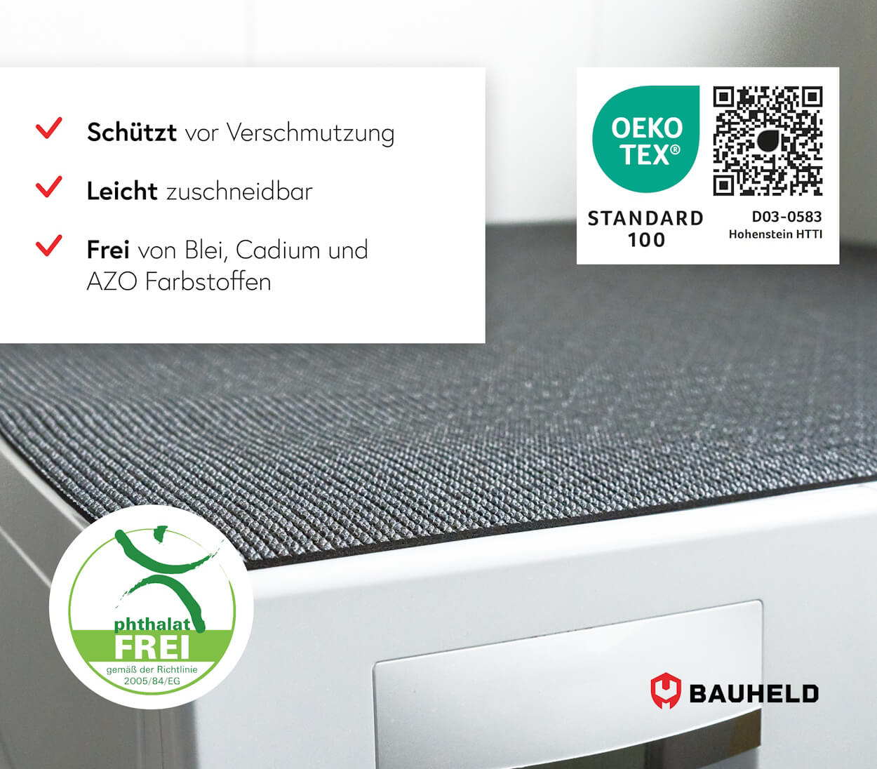 Produktinformationen mit Siegeln: OEKO-TEX, phthalatfrei, BAUHELD.