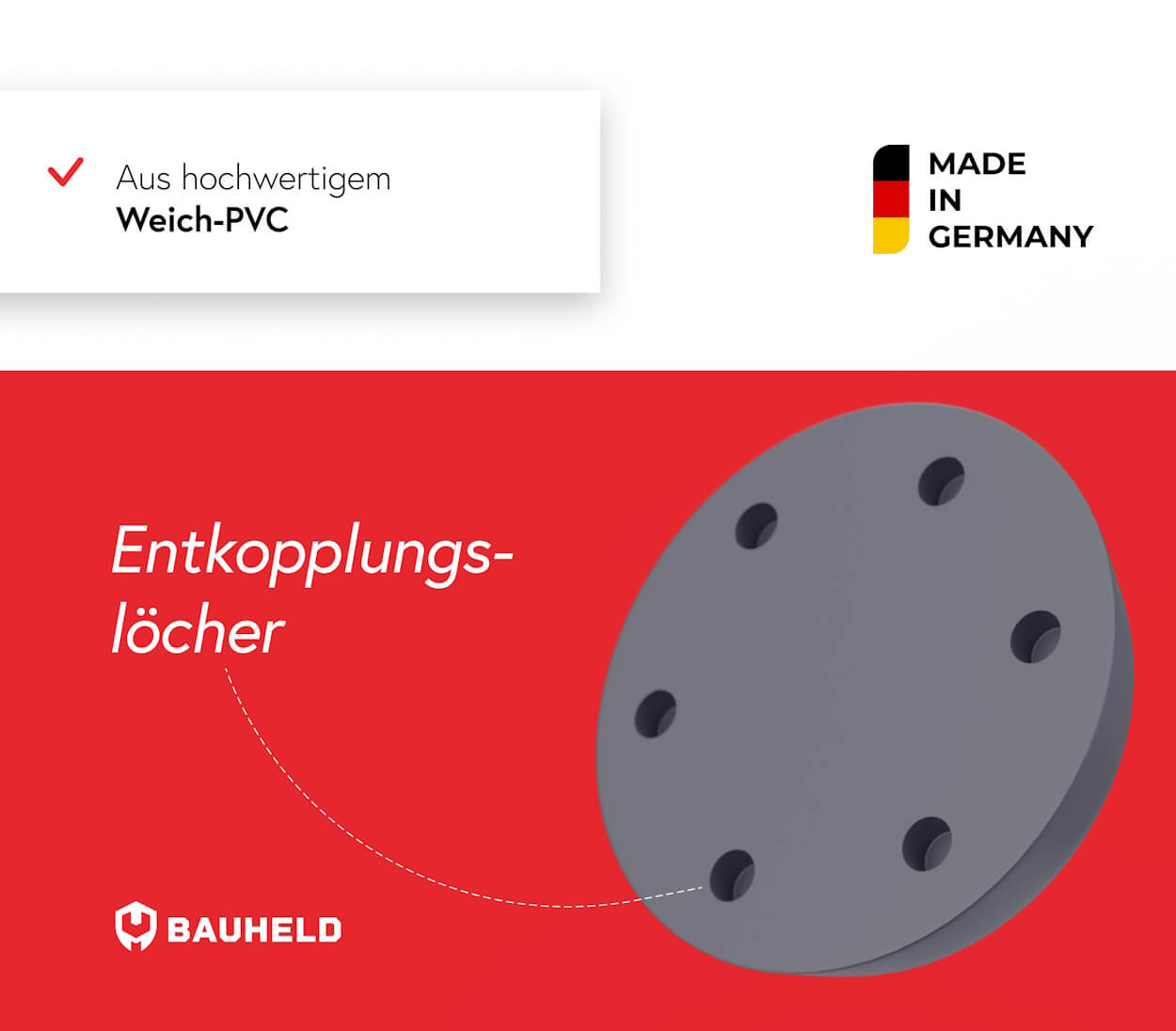 Graues Entkopplungselement mit sechs Löchern, Made in Germany.