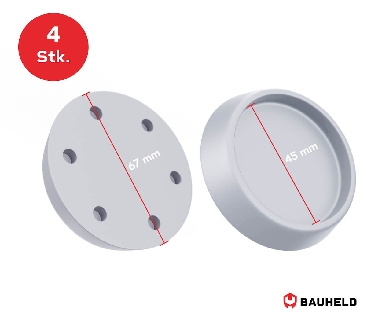 Zwei graue runde Objekte, eines mit Löchern (67mm) und eines als Kappe (45mm).