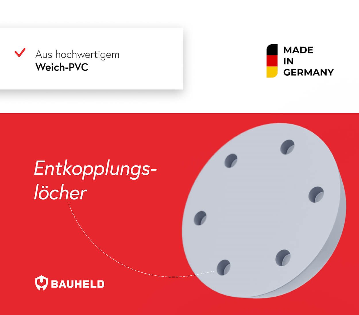 Graue Scheibe mit sechs Löchern vor rotem Hintergrund, Made in Germany.