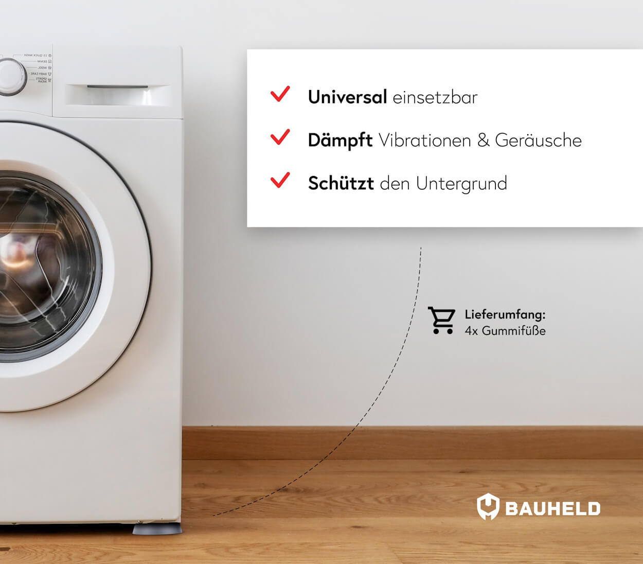 Waschmaschine mit Gummifüßen, die Vibrationen dämpfen und den Untergrund schützen.