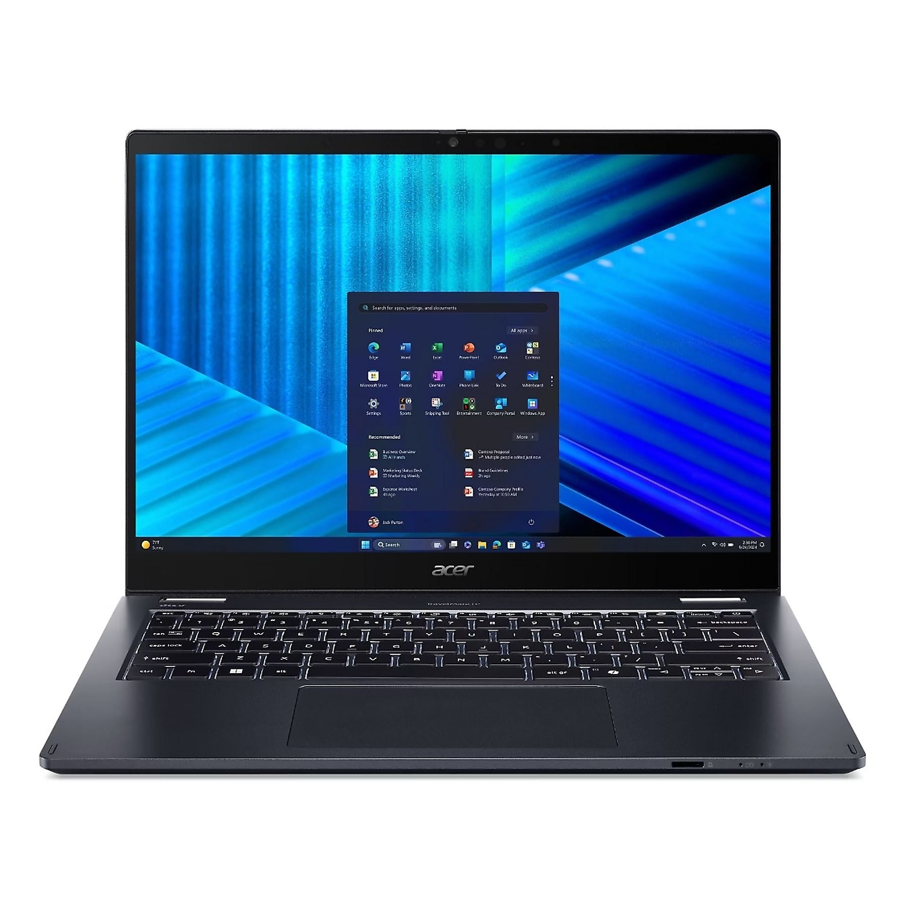 Un laptop Acer scuro è aperto, mostra uno sfondo astratto blu e il menu Start di Windows.
