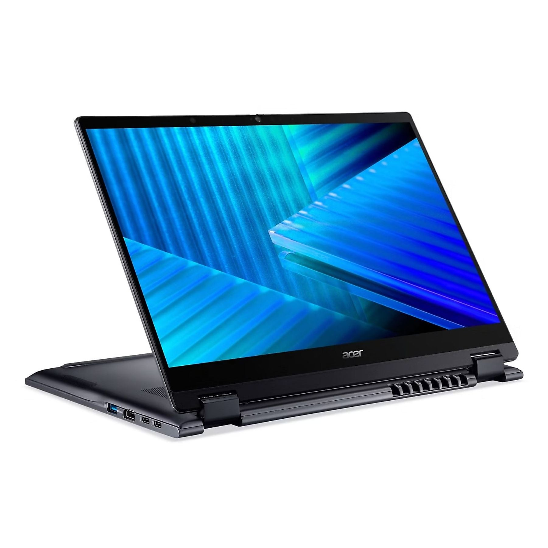 Un laptop Acer grigio scuro è aperto, con uno sfondo astratto blu vibrante sul suo schermo.