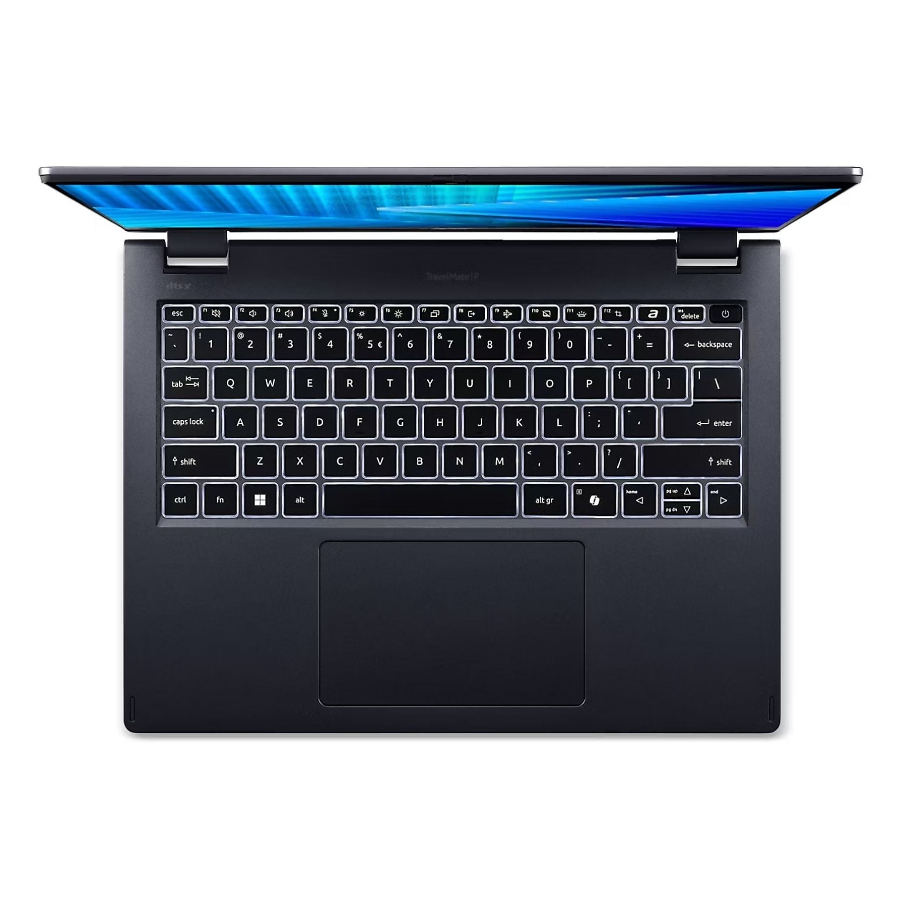 Un laptop blu scuro con tastiera retroilluminata e schermo aperto.