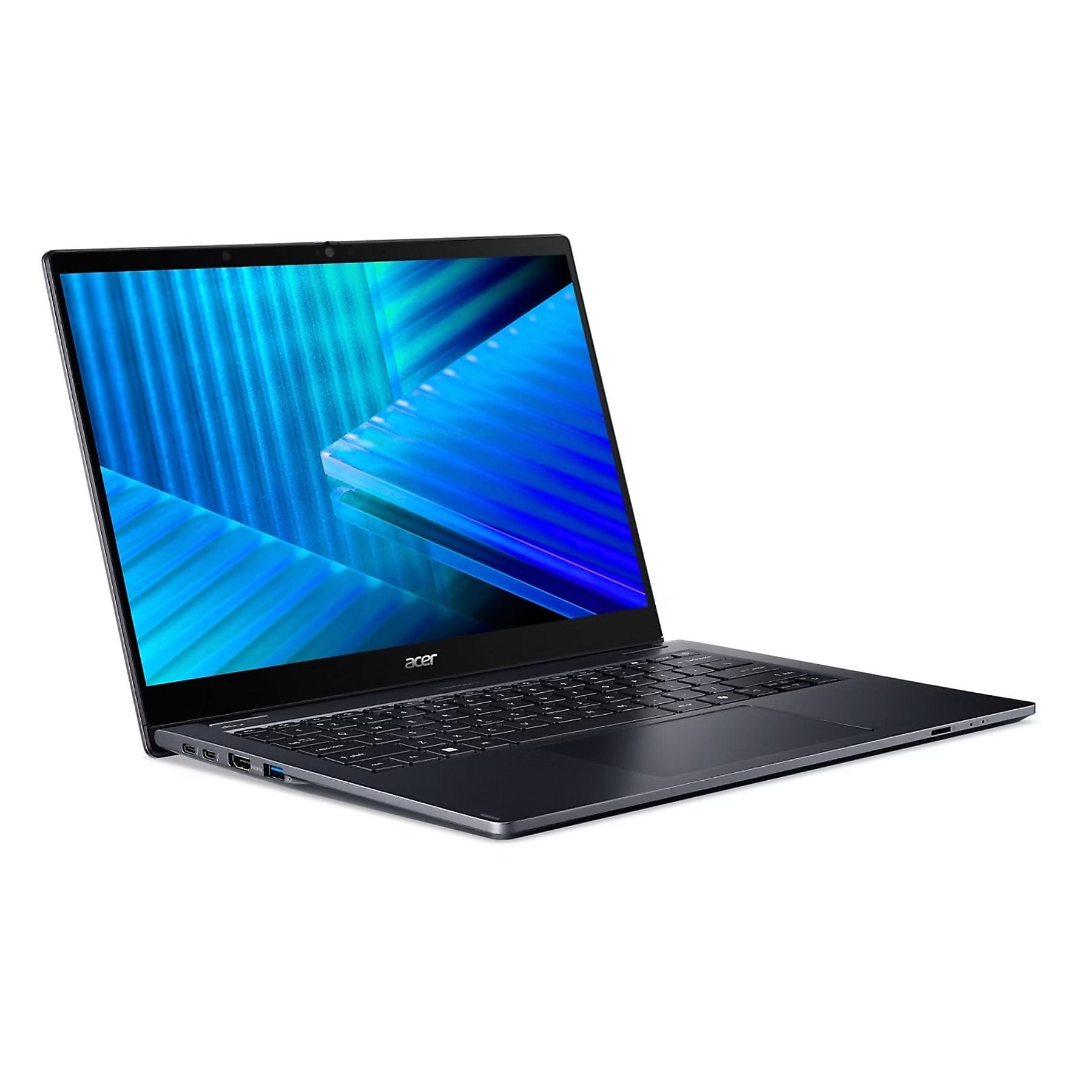 Un laptop scuro aperto con sfondo blu e tastiera.