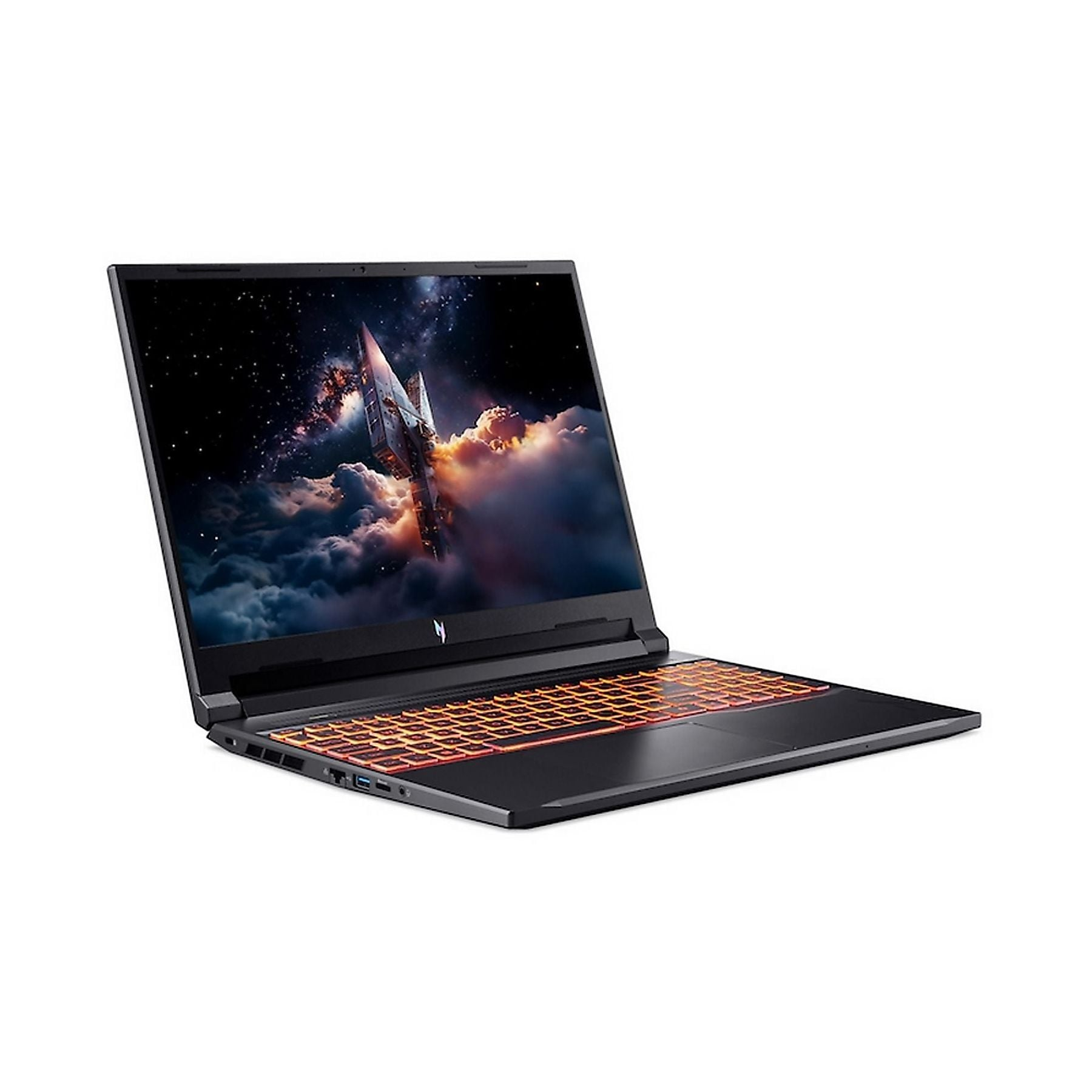 Un laptop aperto con una scena spaziale sullo schermo e tastiera retroilluminata arancione.