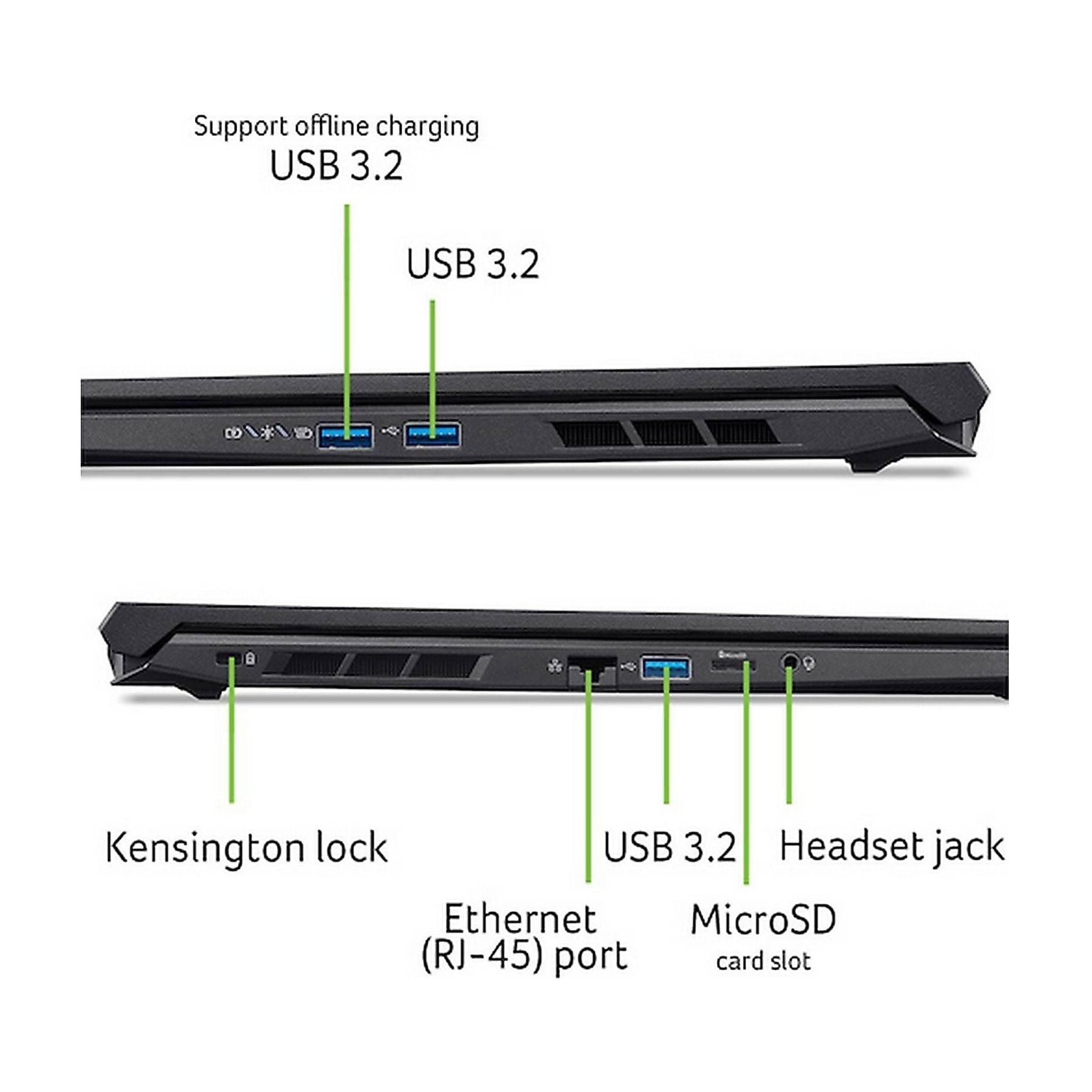 Vista laterale del laptop con USB 3.2, Ethernet, blocco Kensington e jack per cuffie.
