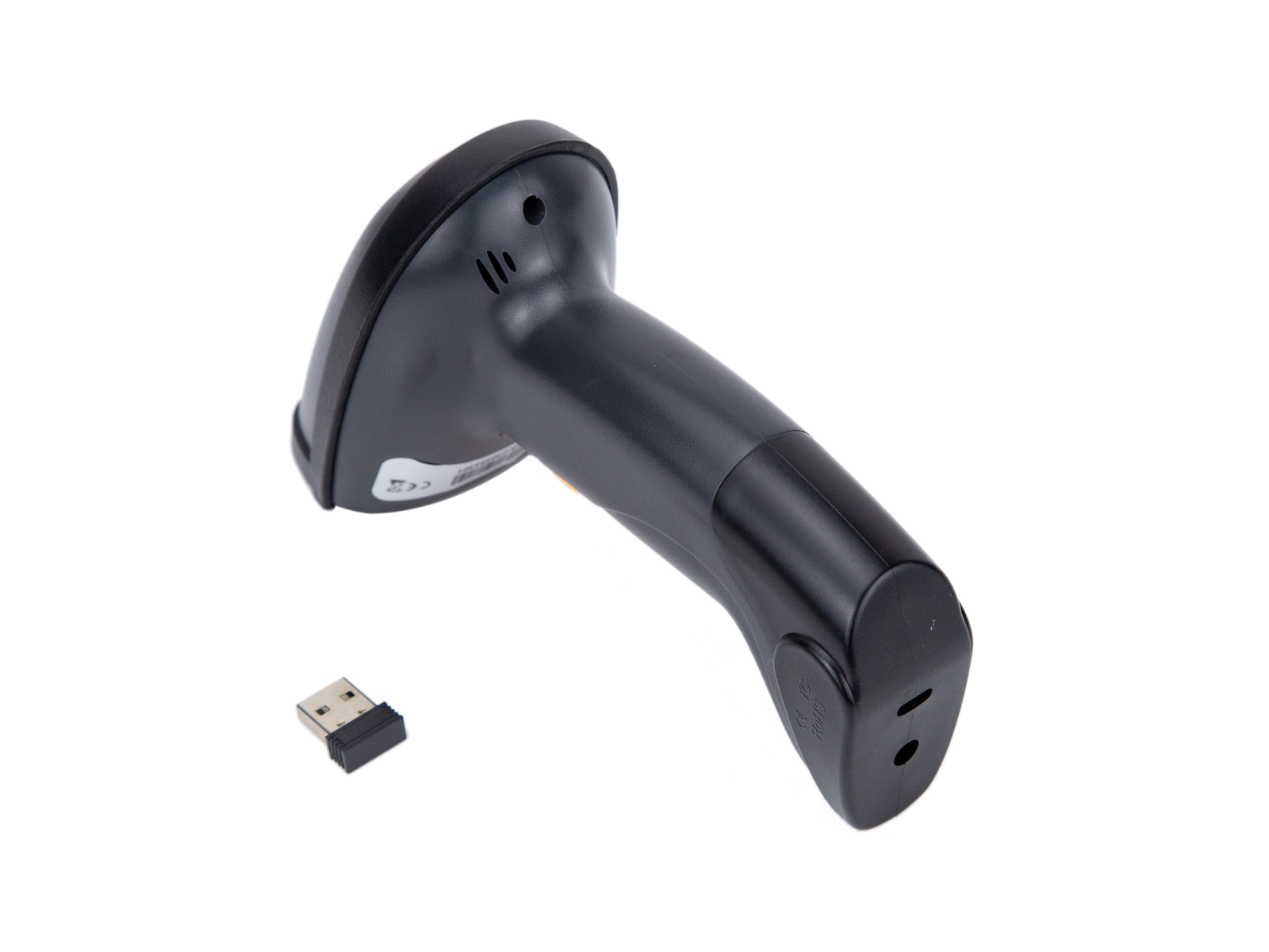 Uno scanner di codici a barre nero con un dongle USB su sfondo bianco.