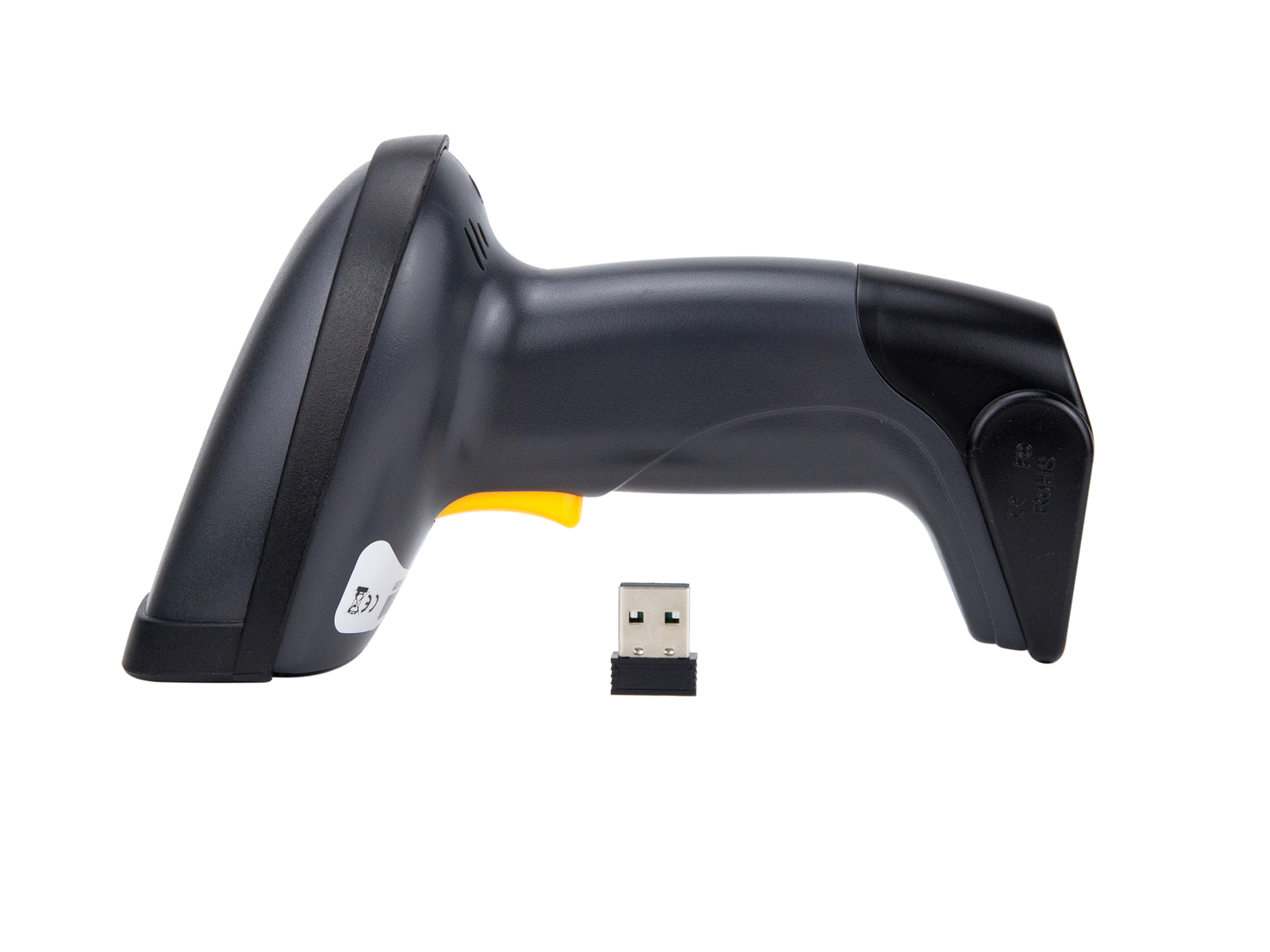 Uno scanner di codici a barre scuro con grilletto giallo e un dongle USB.