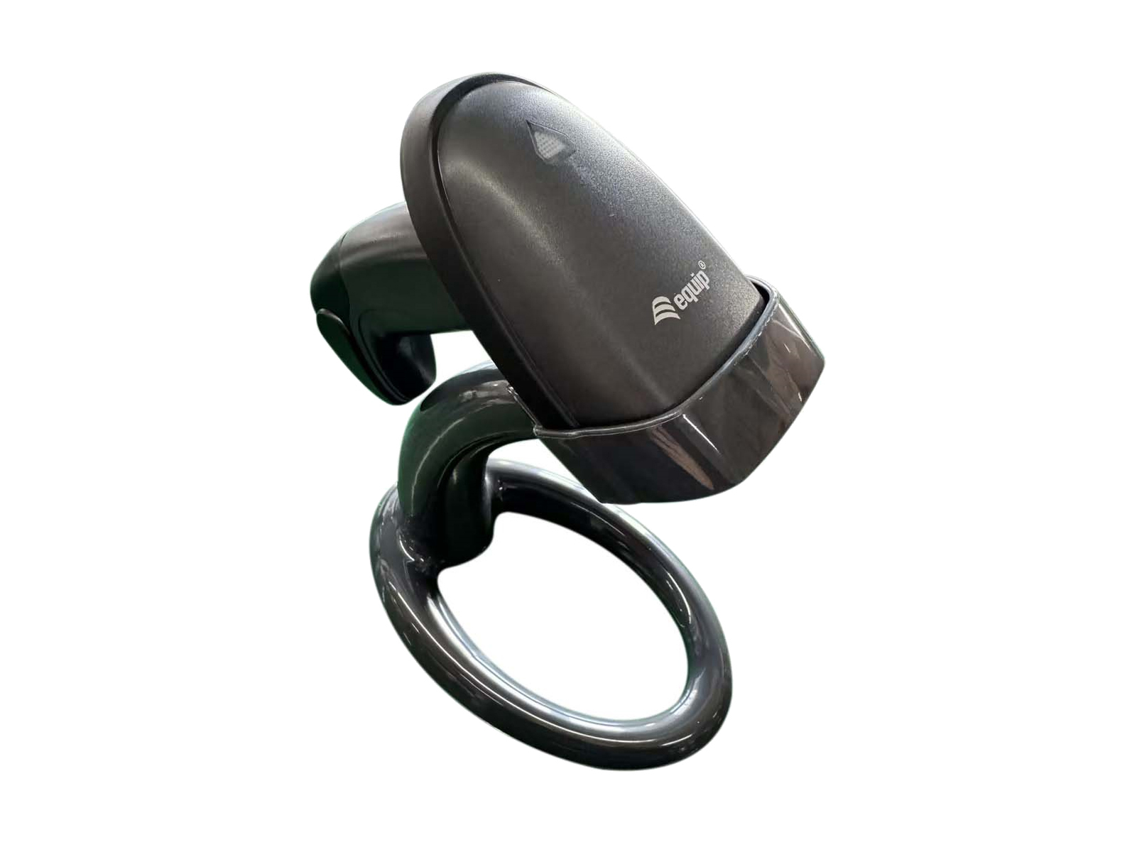 Uno scanner portatile nero con impugnatura ad anello, marchiato EQUIP.