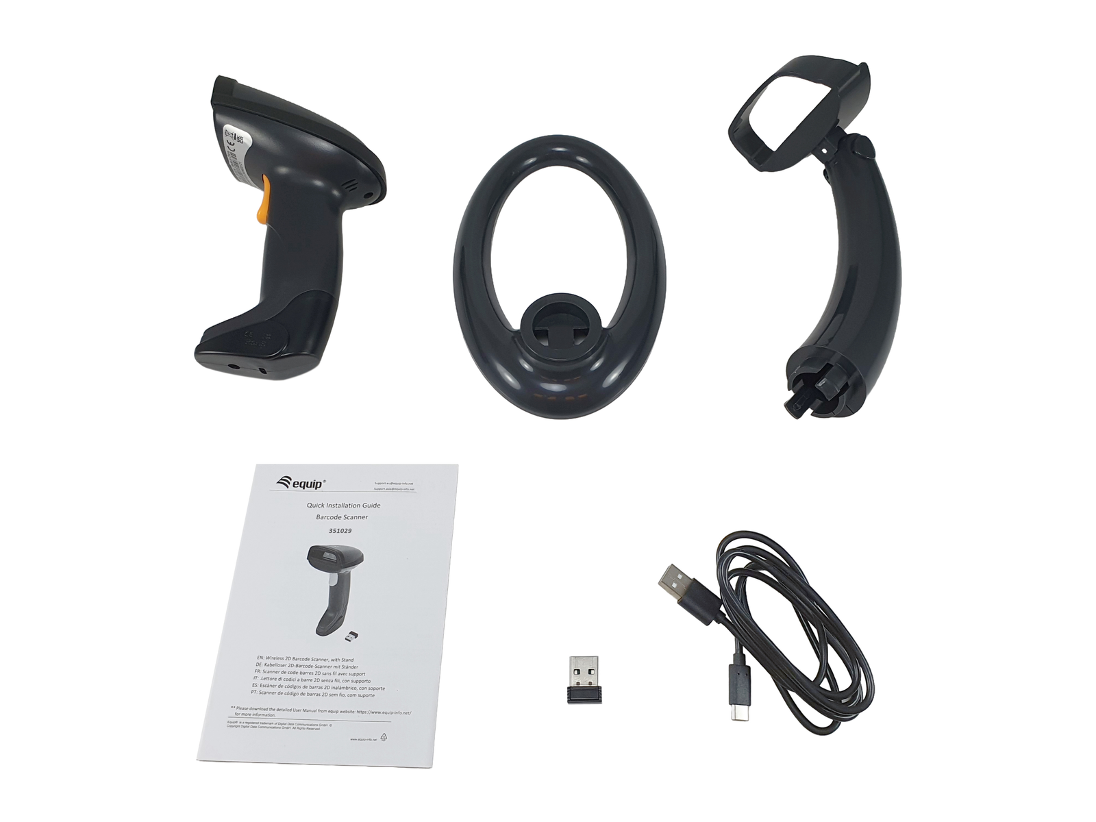 Uno scanner di codici a barre wireless con supporto, dongle USB e cavo.