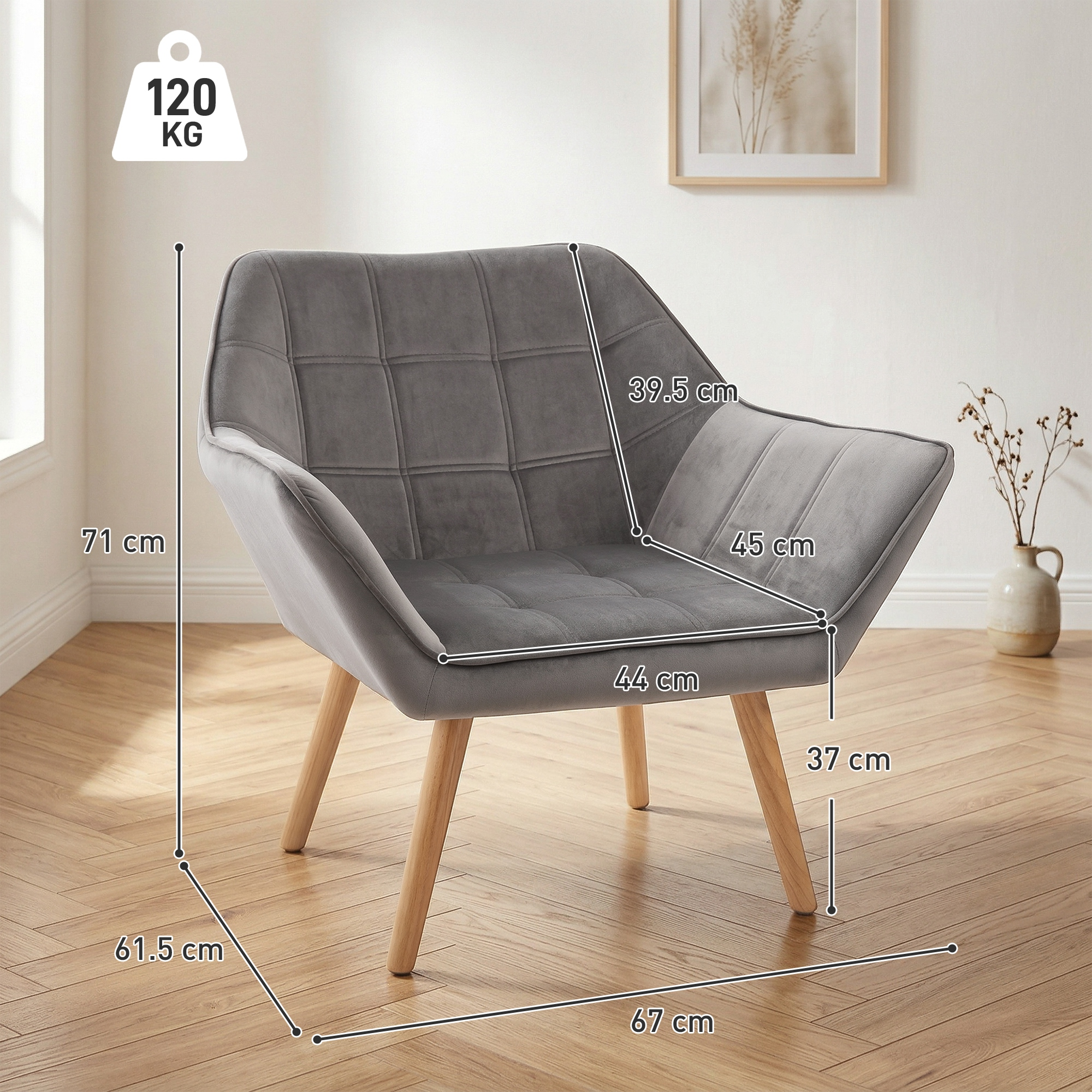Poltrona grigia con gambe in legno, dimensioni mostrate.