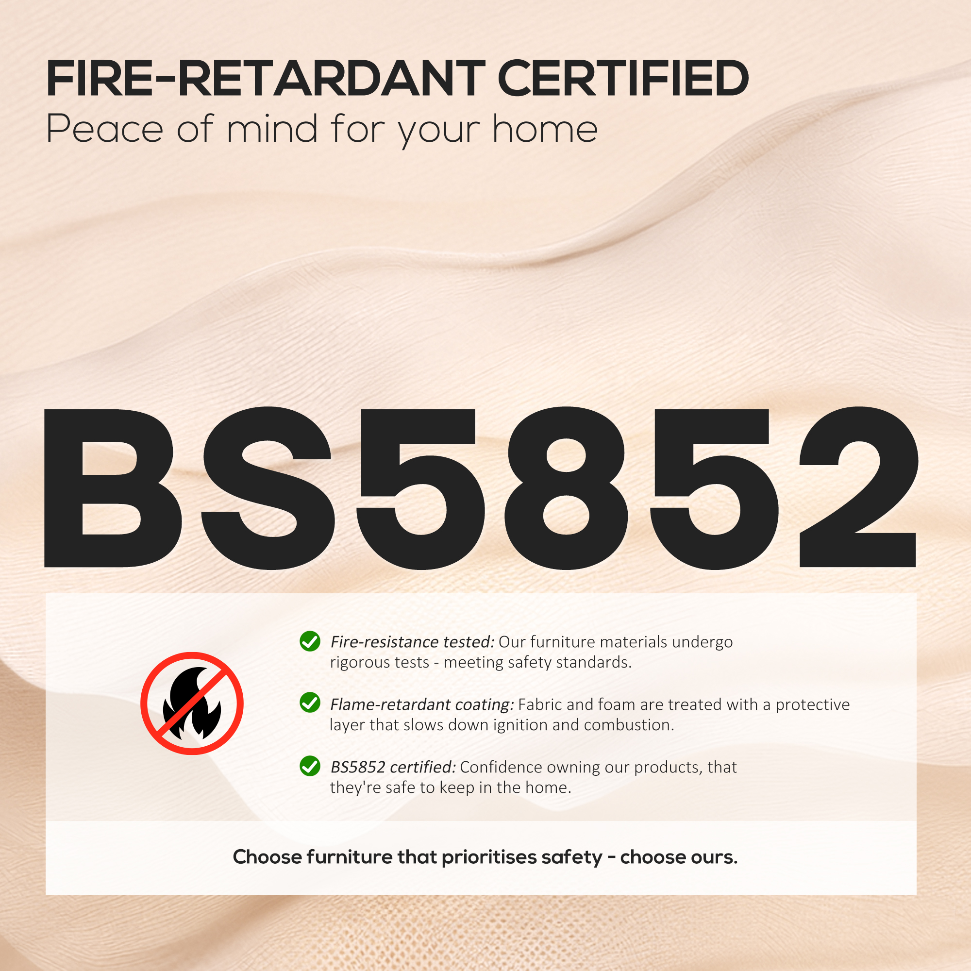Ritardante di fiamma certificato BS5852. Con sigillo e dettagli testuali.