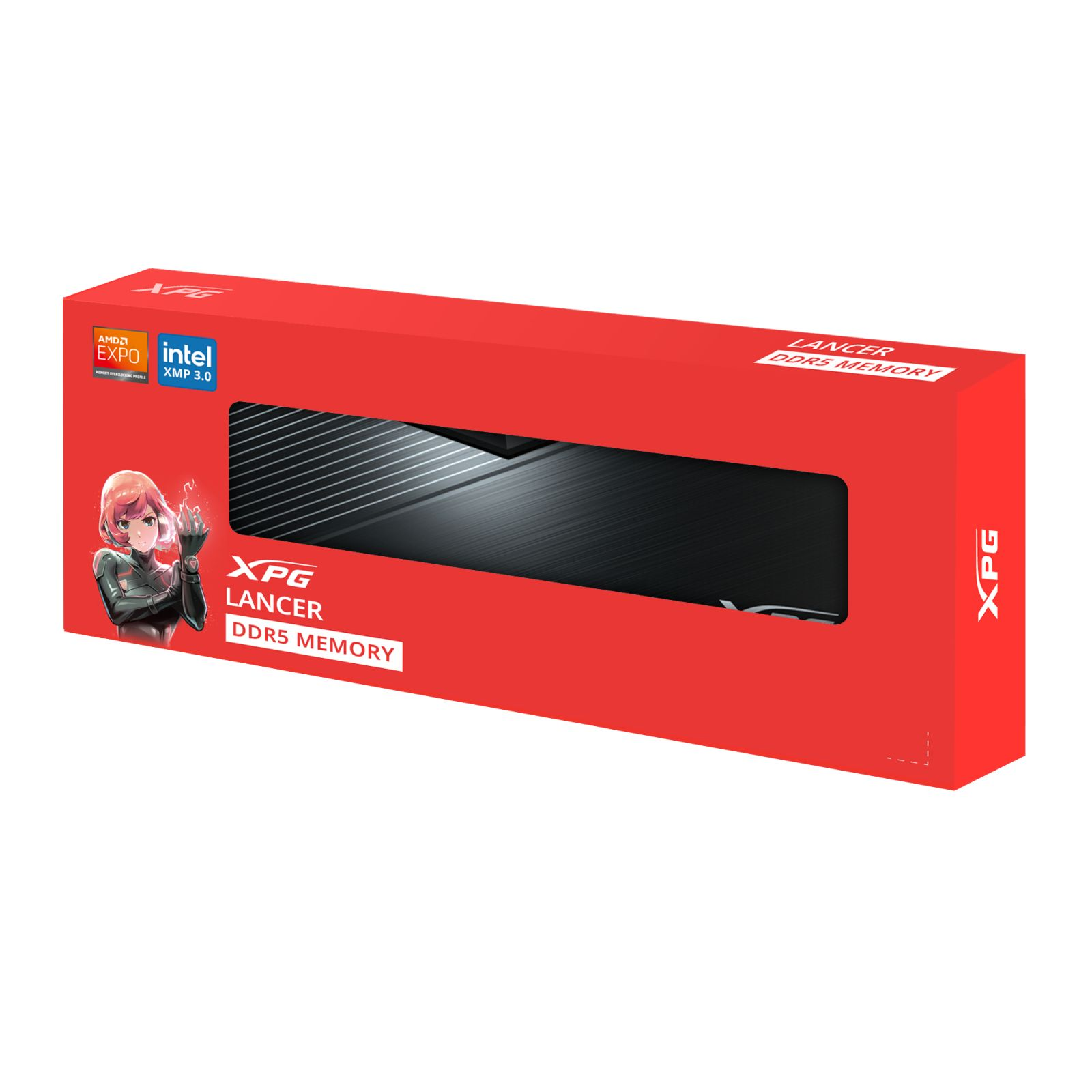 Czerwone pudełko z postacią anime, logo Intel/AMD, pamięć XPG Lancer DDR5.