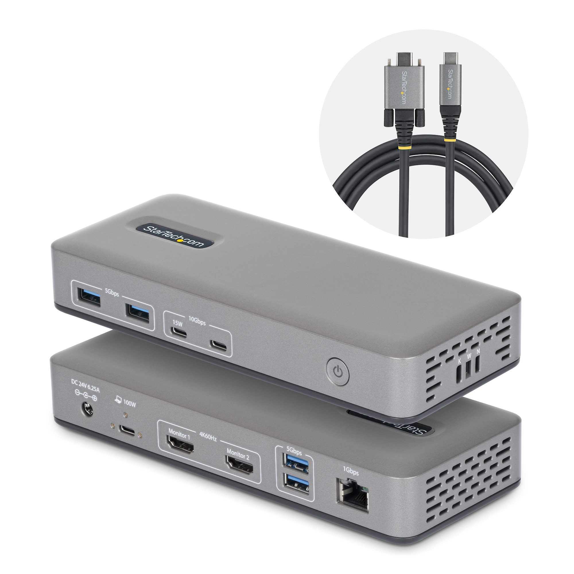 Deux stations d'accueil grises avec ports et un câble avec connecteurs USB-C et DP.