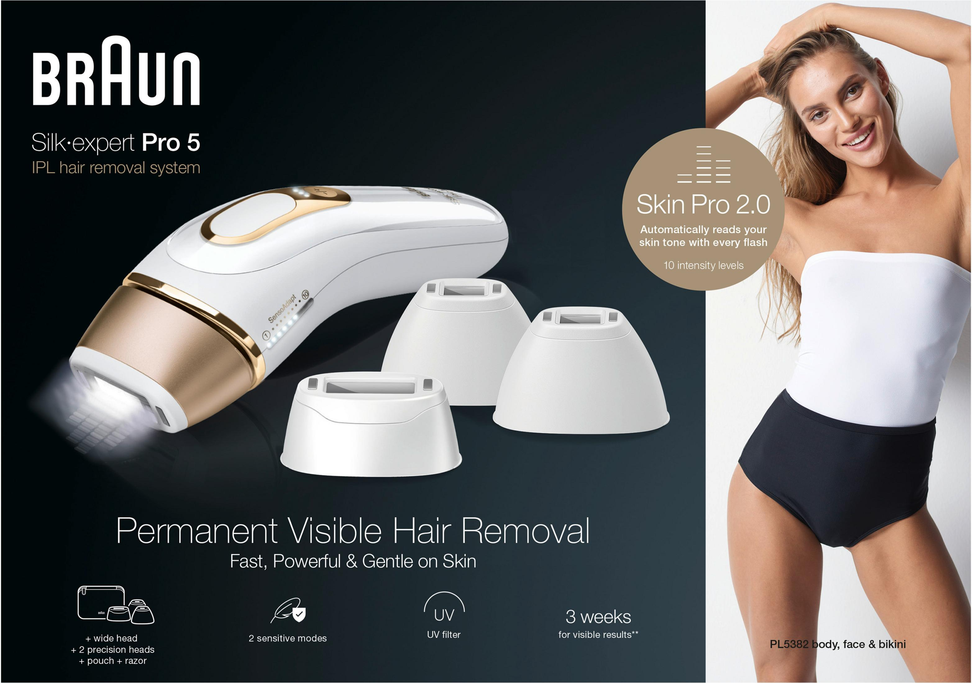 Depilator Braun IPL z czujnikiem odcienia skóry, 3 głowice i kobieta.