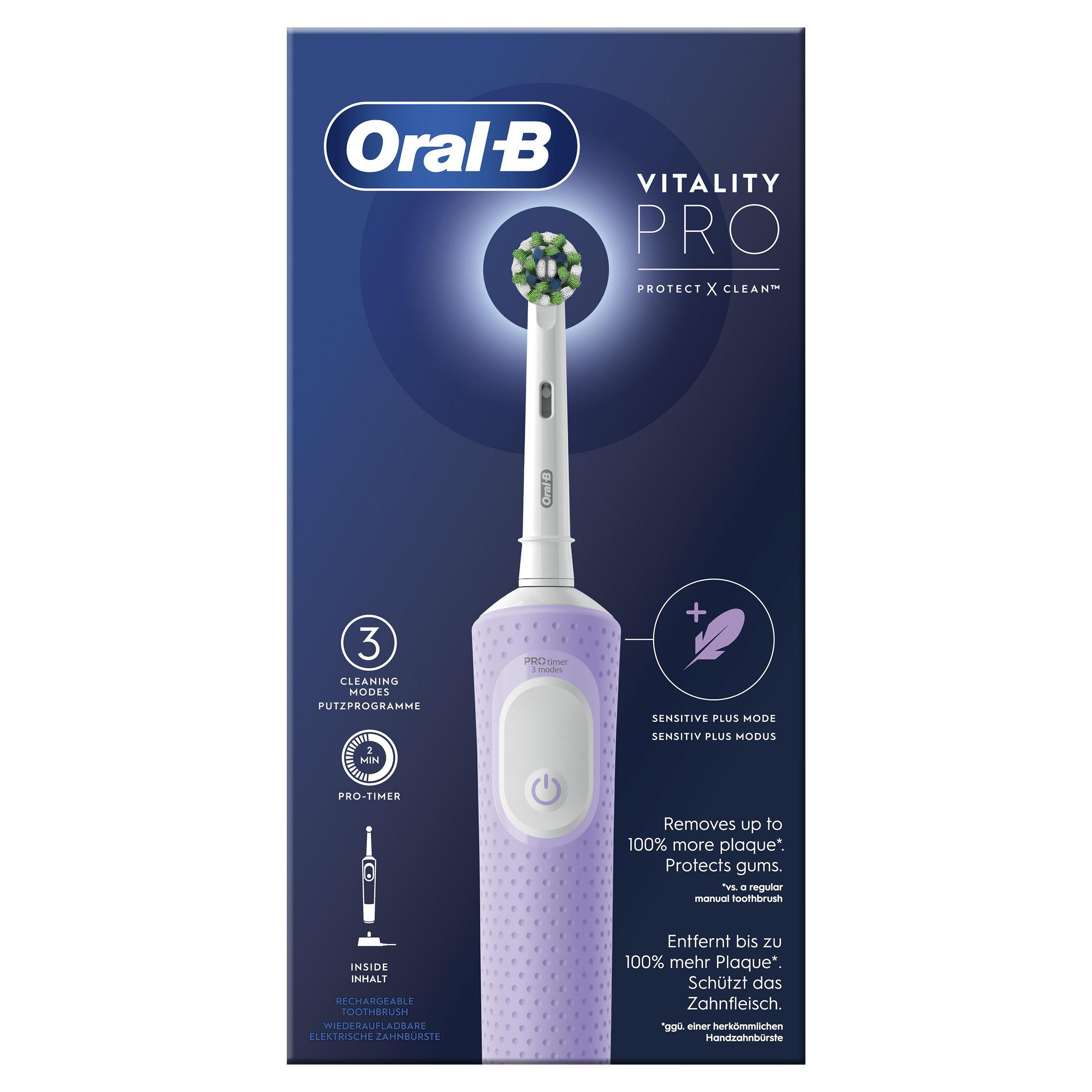 Fioletowa szczoteczka elektryczna Oral-B Vitality Pro z główką i wskaźnikiem.