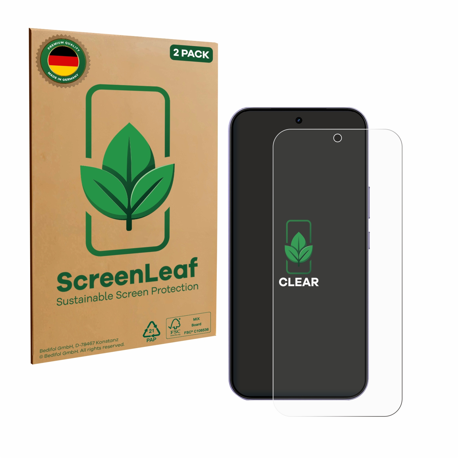 Verpackung für 2x Displayschutzfolien, mit Blatt-Logo und Handy.