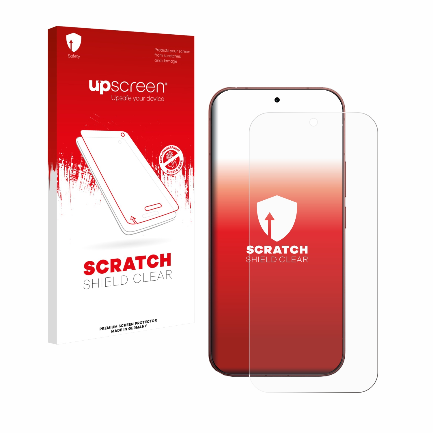 Verpackung und Displayschutzfolie für ein Smartphone. Rot-weiße Verpackung mit Schriftzug.