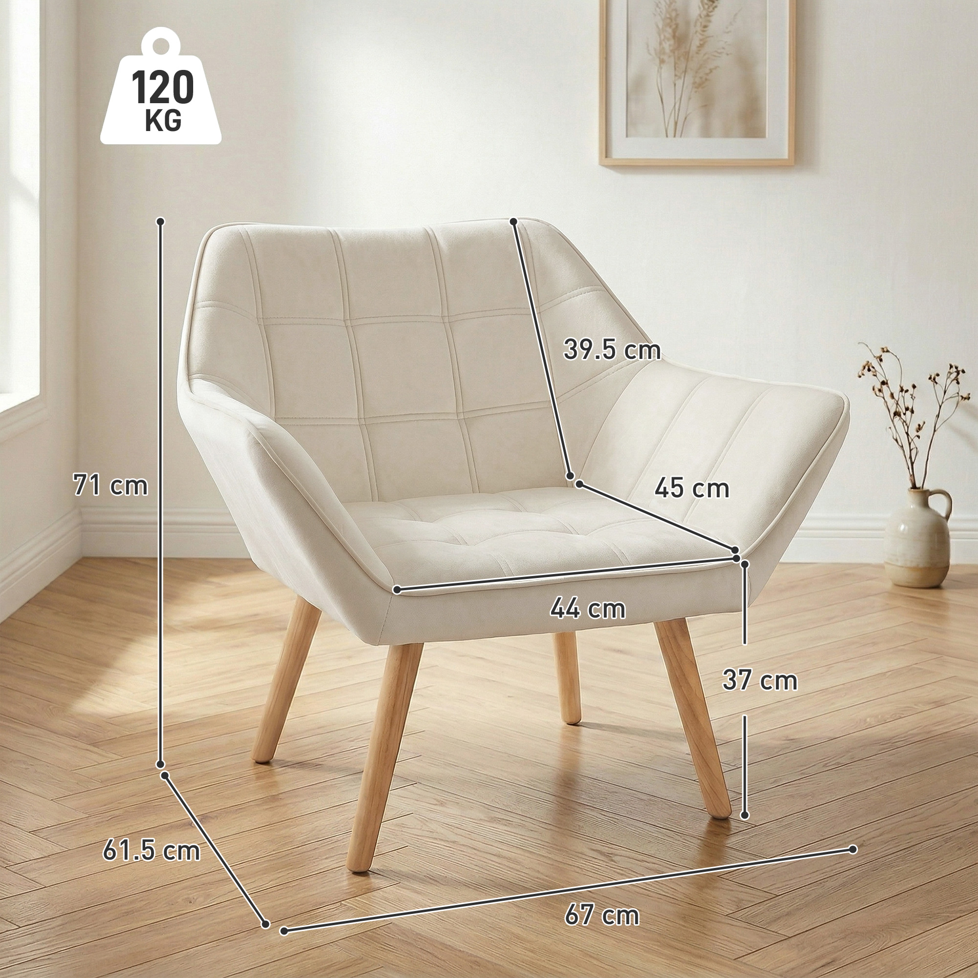 Una poltrona color crema con gambe in legno e dimensioni.