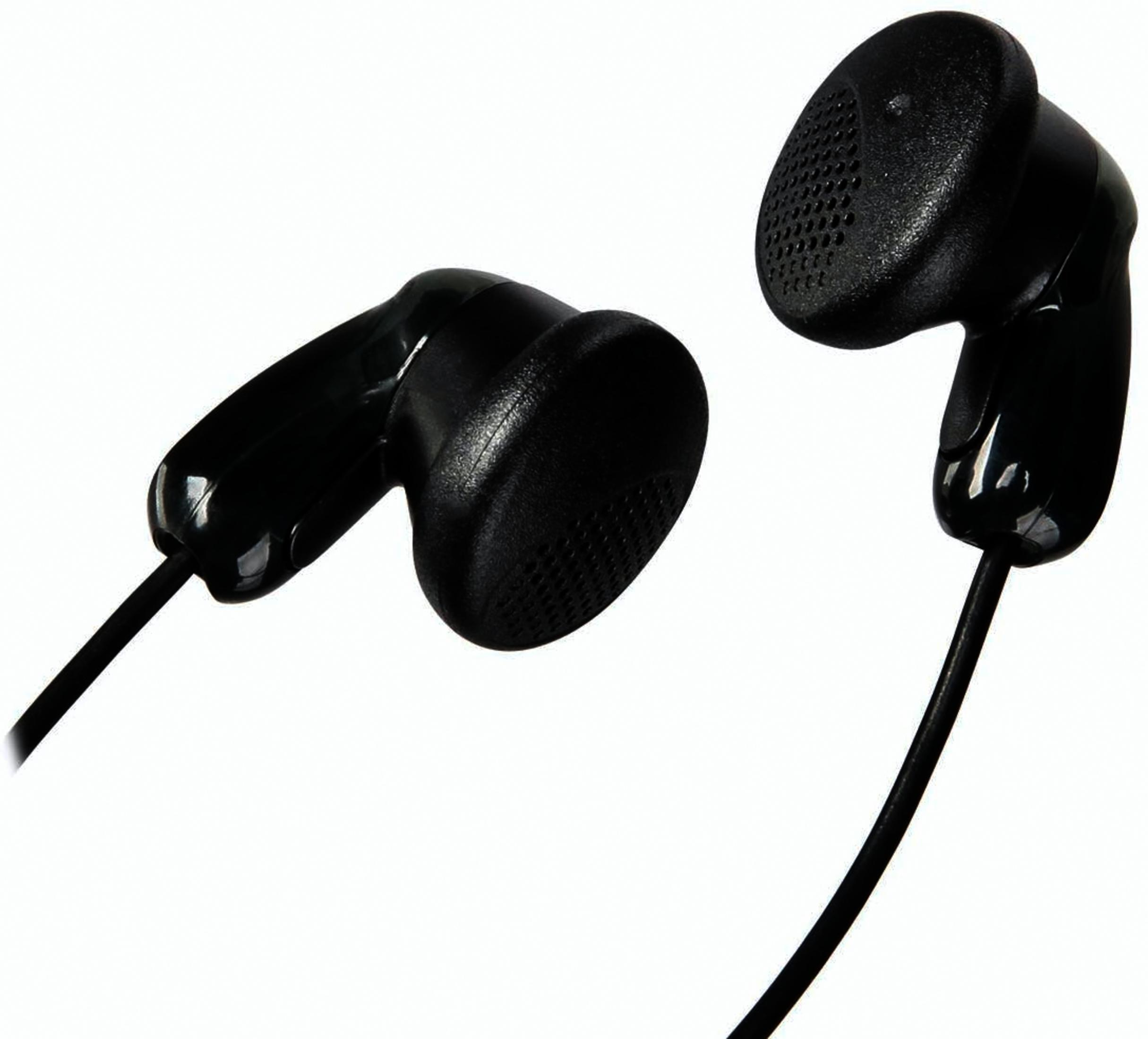 Zwei schwarze In-Ear-Kopfhörer mit Kabeln auf weißem Hintergrund.
