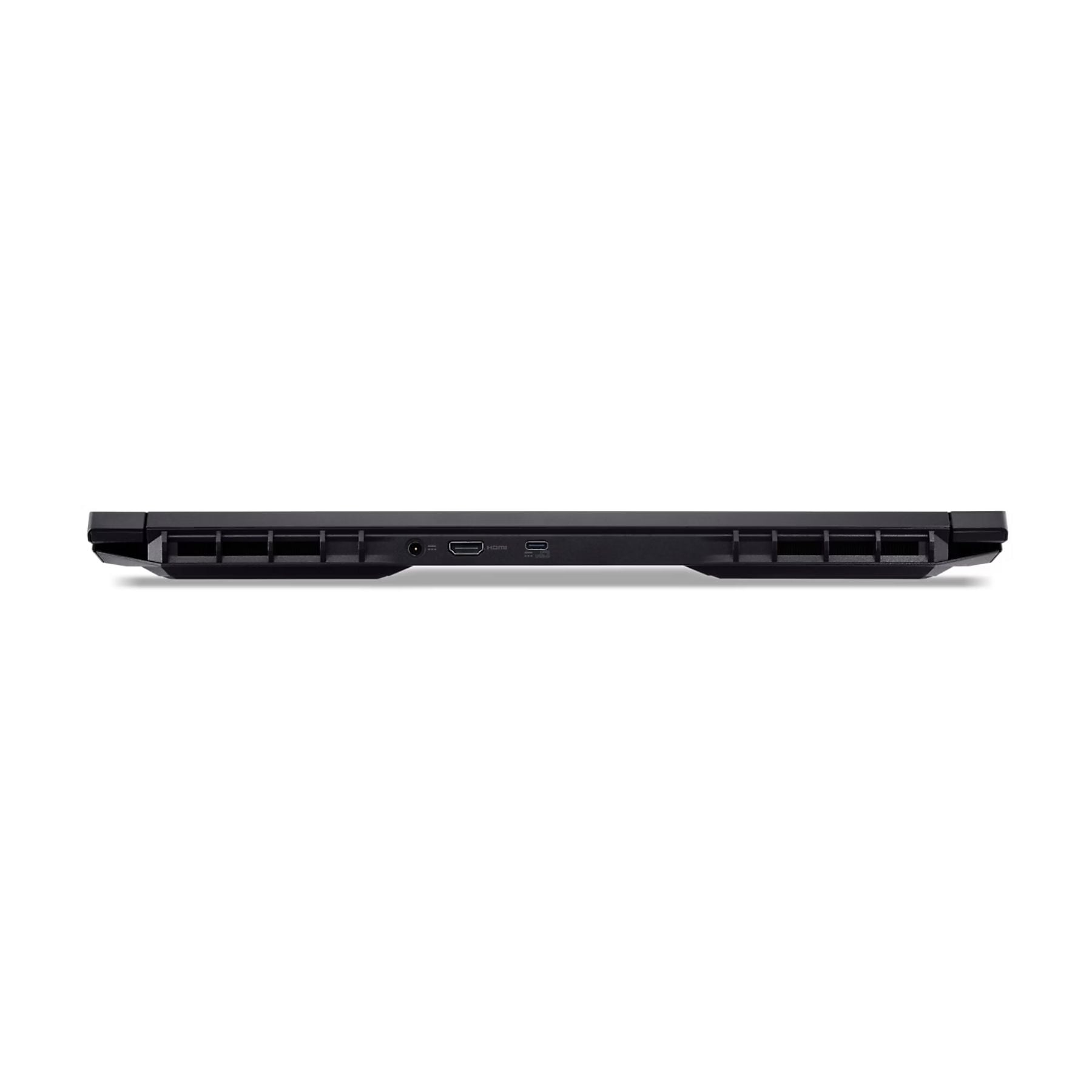 Lato laptop nero, con porte di alimentazione, HDMI e USB-C.