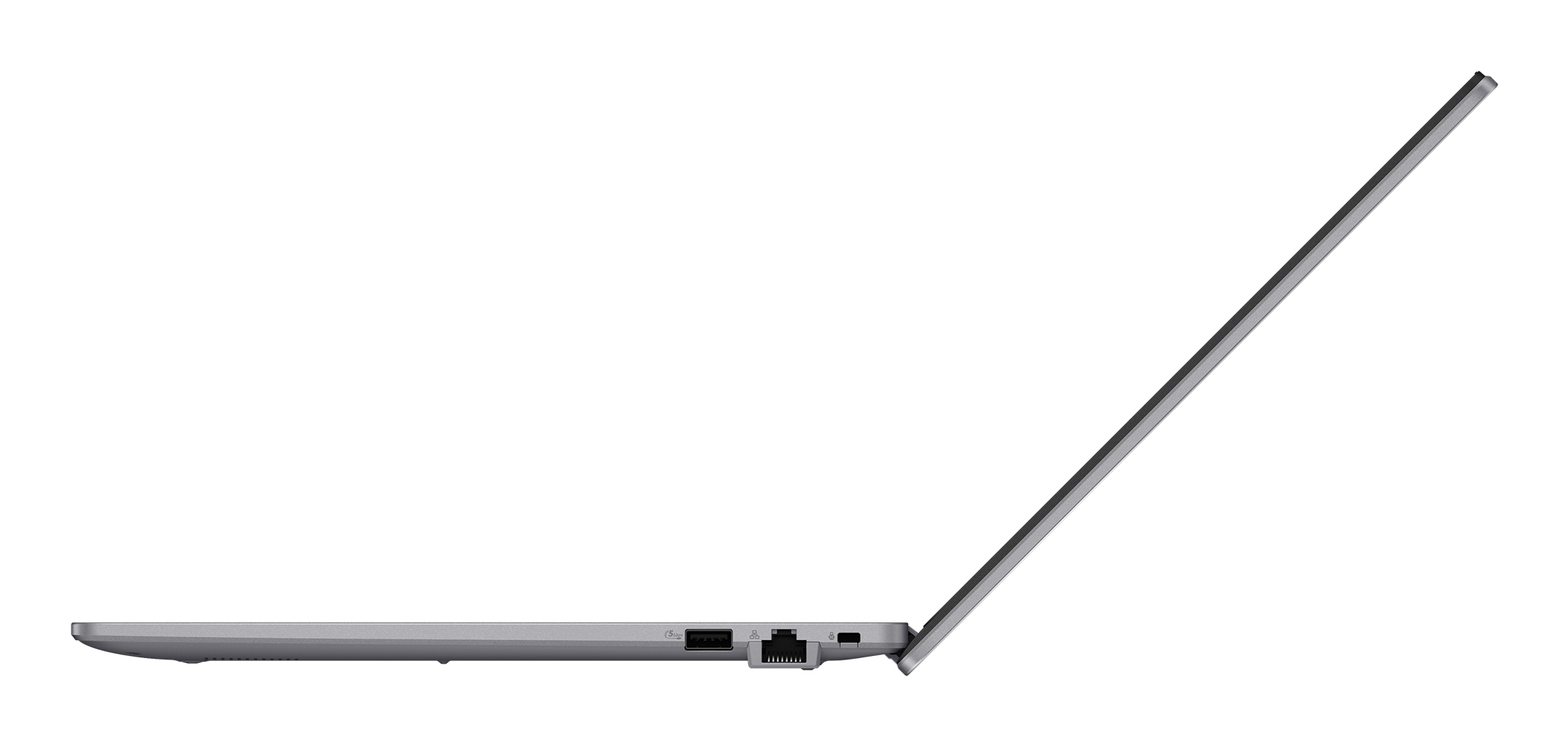 Un laptop argentato con lo schermo aperto, che mostra le porte sul lato.