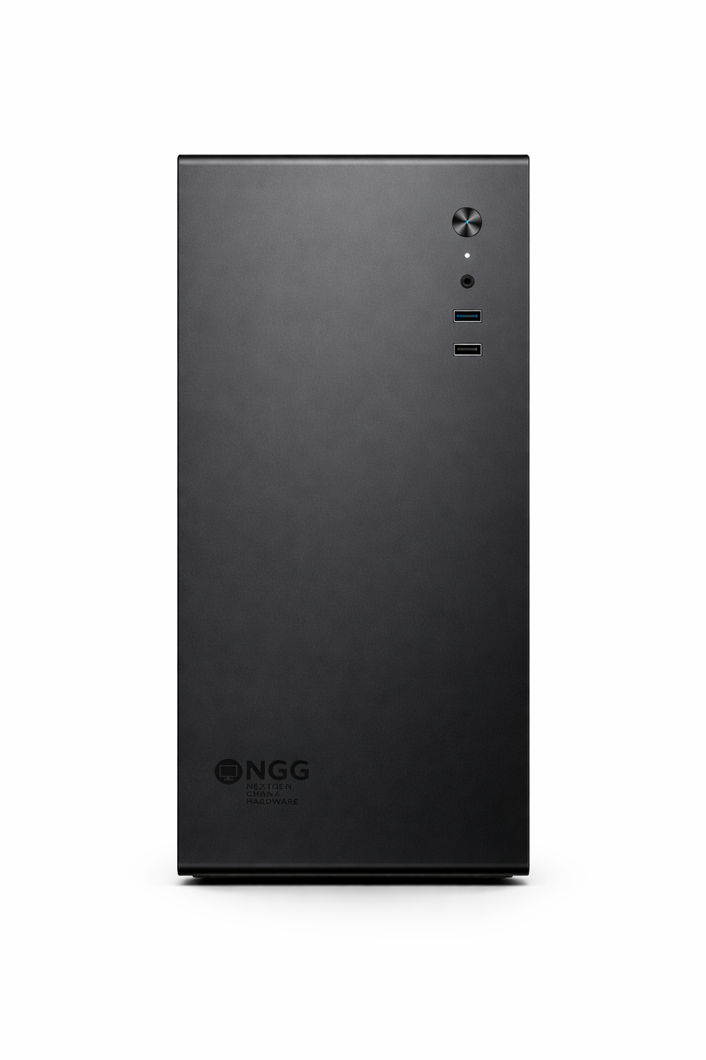 Boîtier d'ordinateur noir avec ports USB et logo.