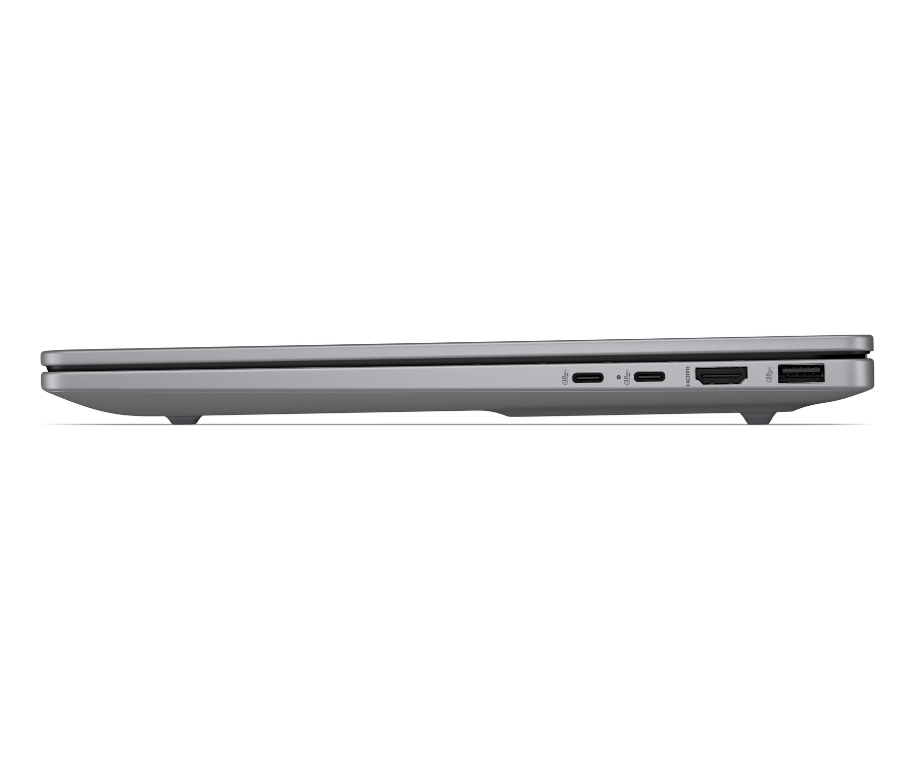 Vista laterale di un laptop grigio con porte: USB-C, HDMI e USB-A.