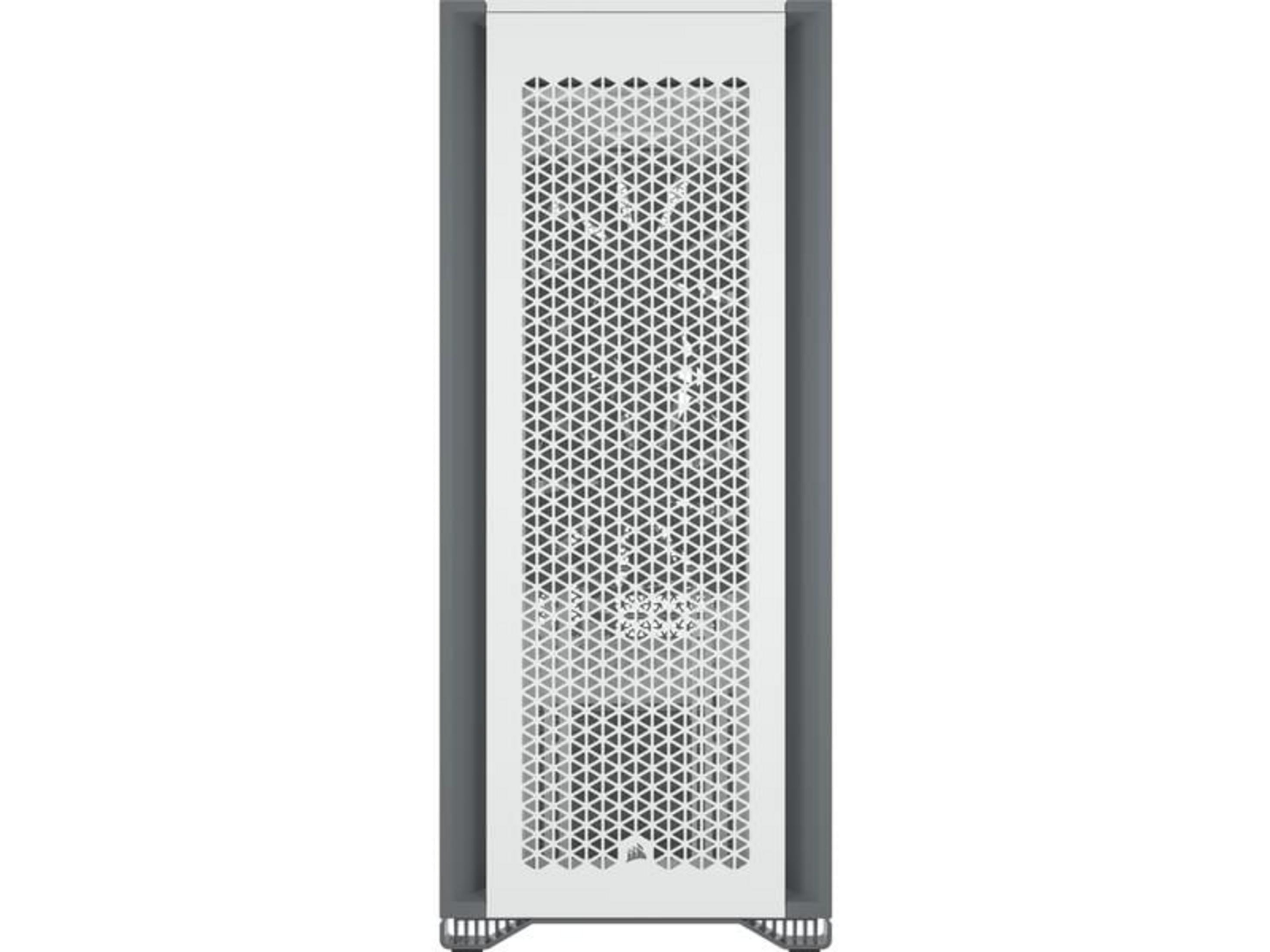 Smukła, biała obudowa komputera z szarymi krawędziami i perforowanym panelem przednim.