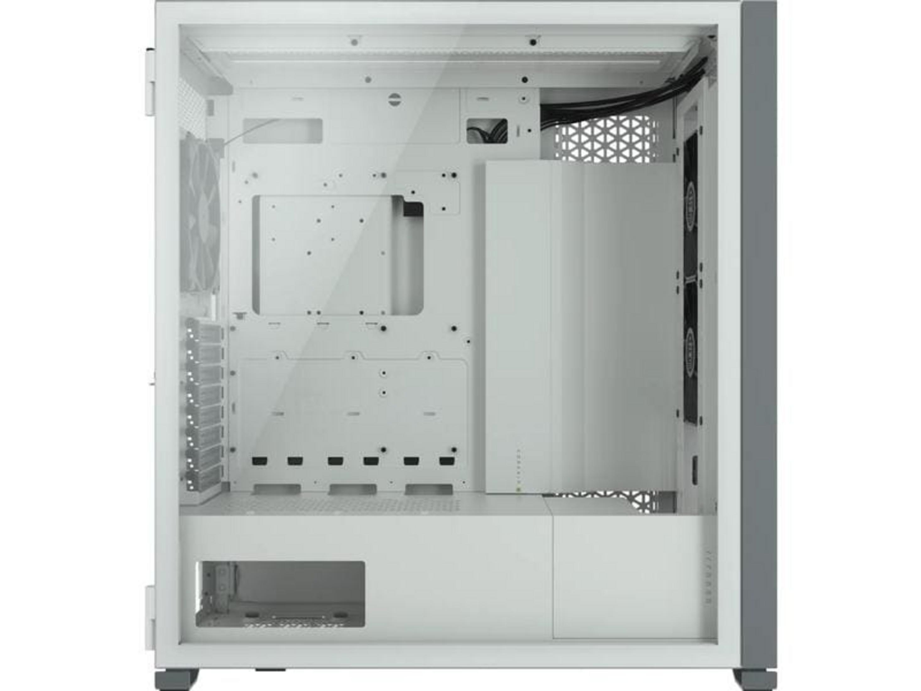 Biała obudowa komputera z przeszklonym frontem i szarymi akcentami. W środku widać wentylatory i kable.