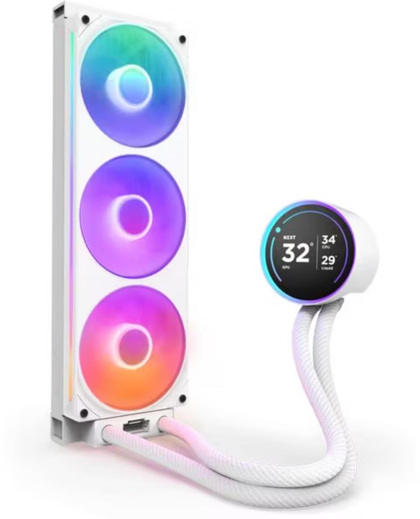 A white CPU cooler with three RGB fans and a round display.