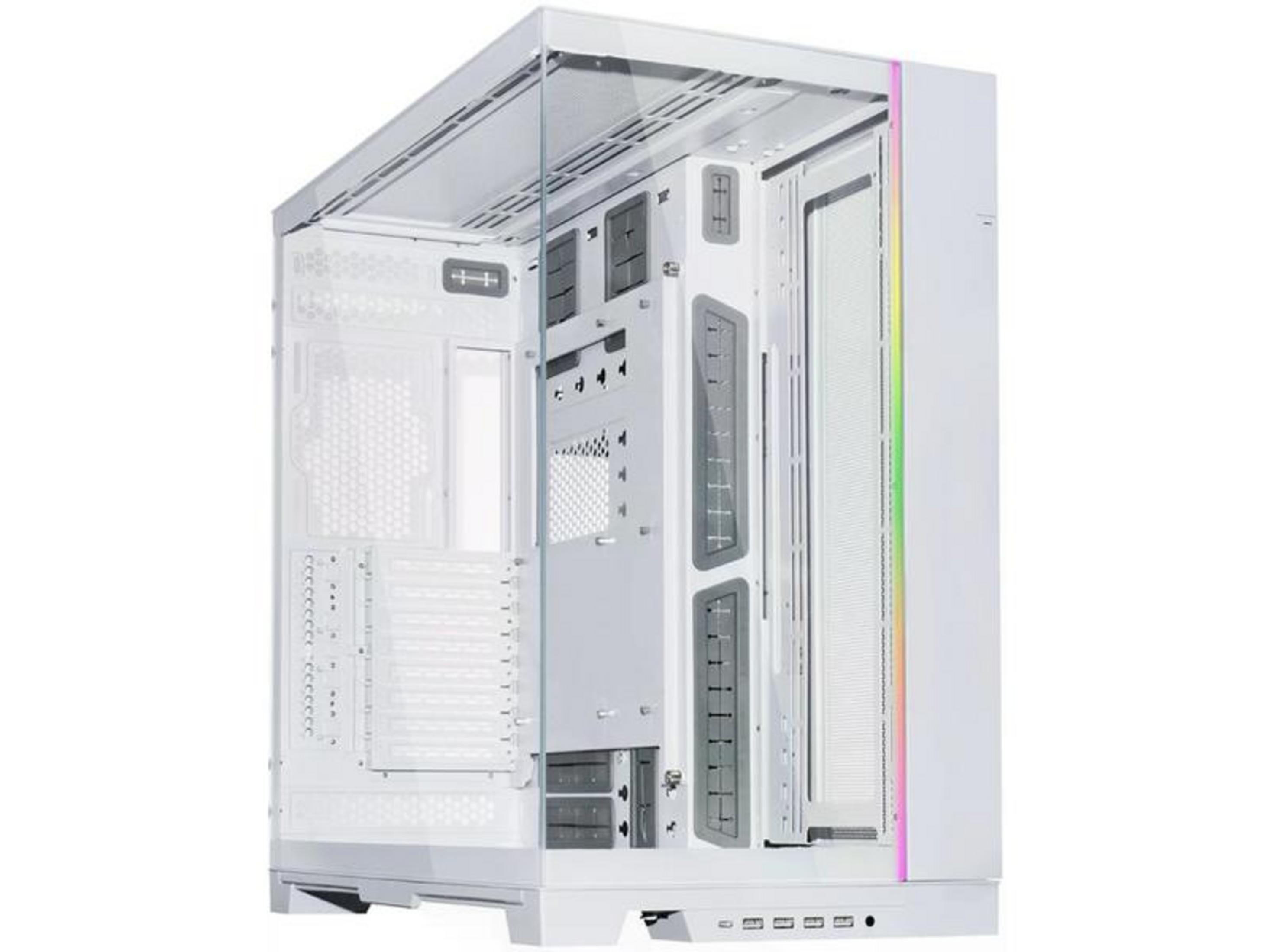 Yan tarafında RGB aydınlatmalı, cam önlü beyaz bilgisayar kasası.