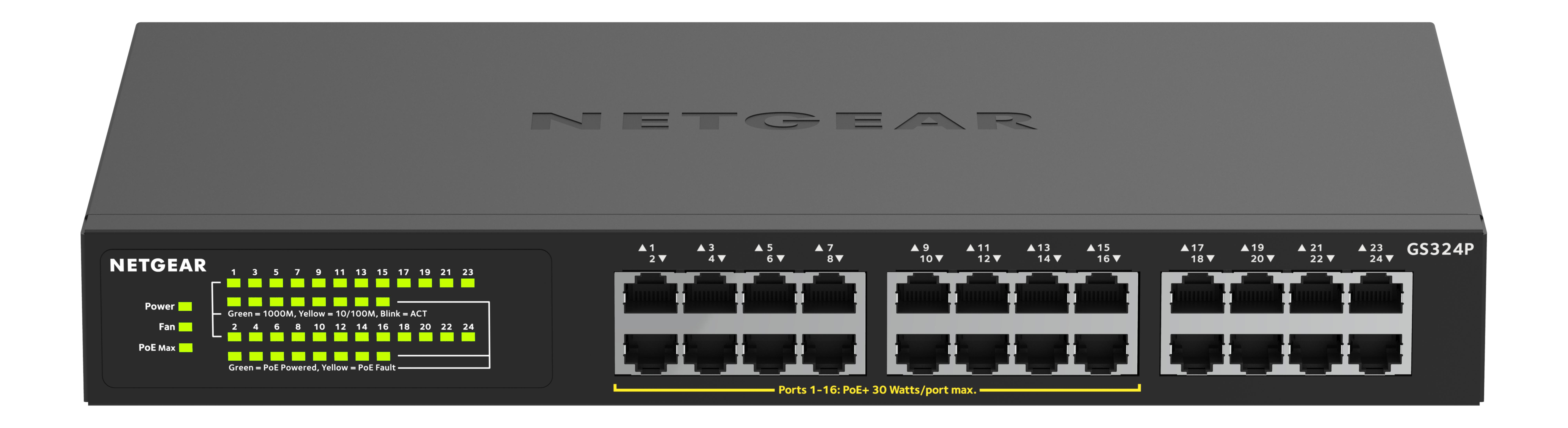 Czarny przełącznik sieciowy Netgear GS324P 24-portowy z licznymi wskaźnikami LED.