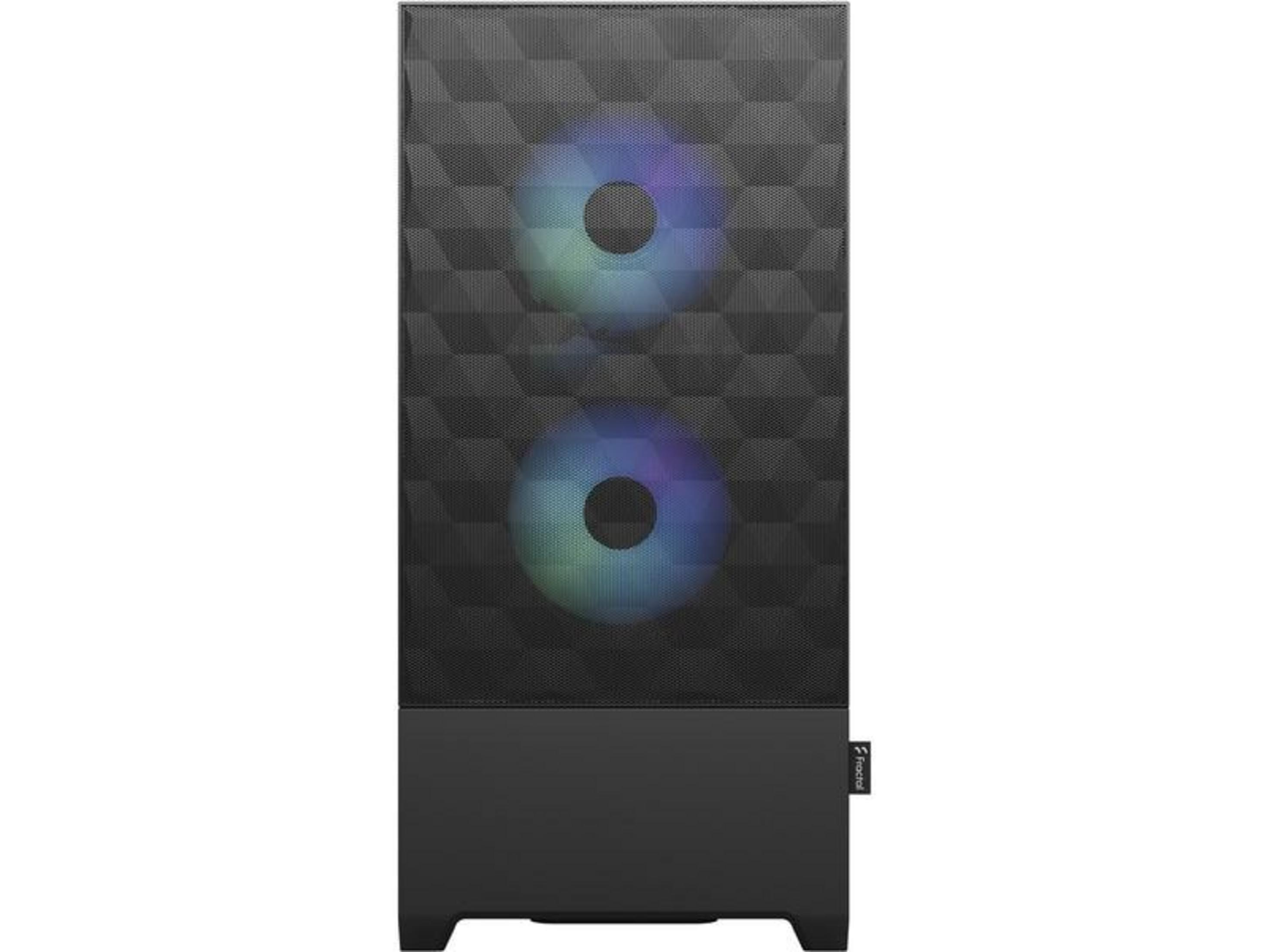 Black PC case with patterned front and illuminated fans.