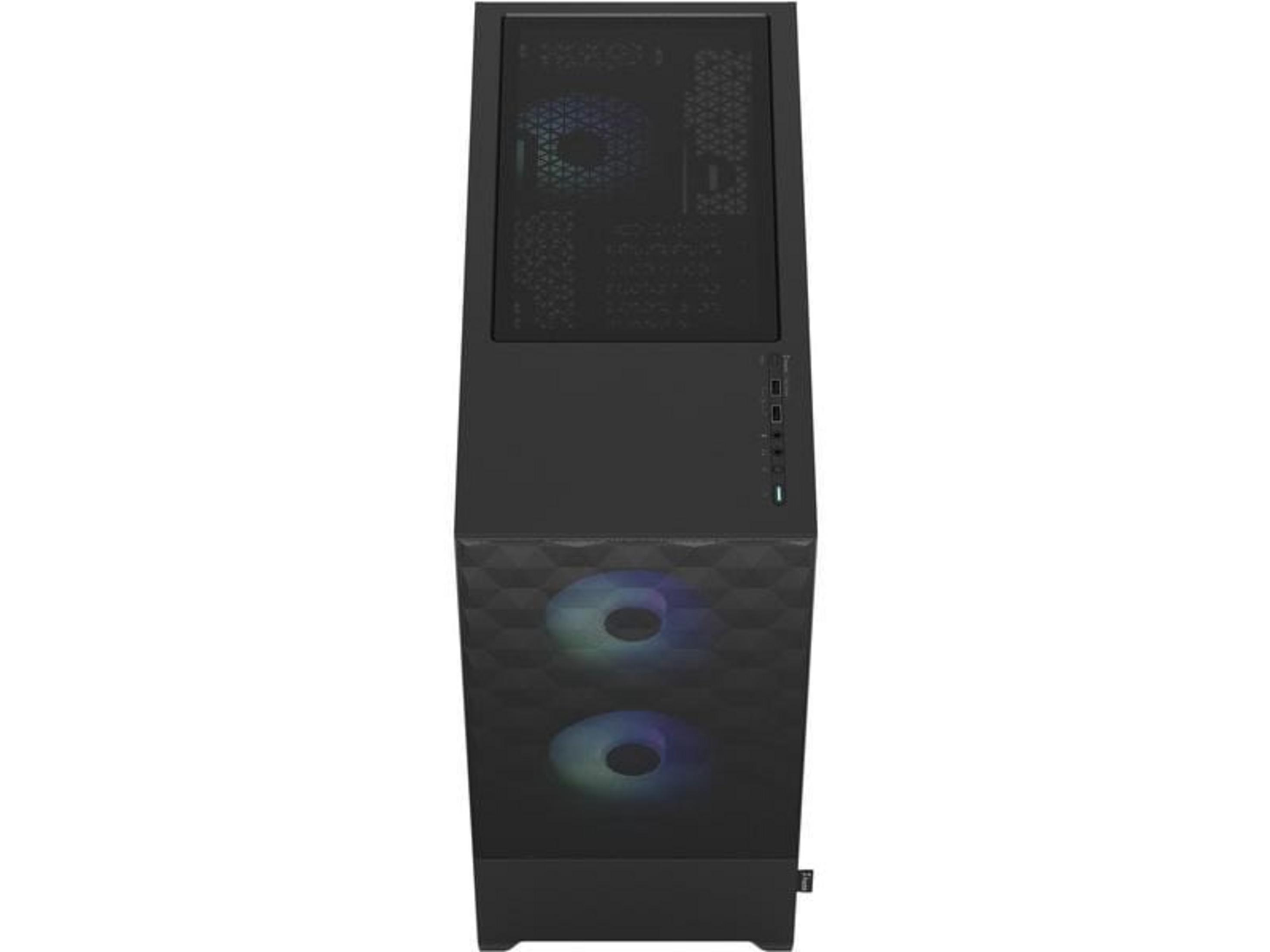 Black computer case with two illuminated fans and power button.
