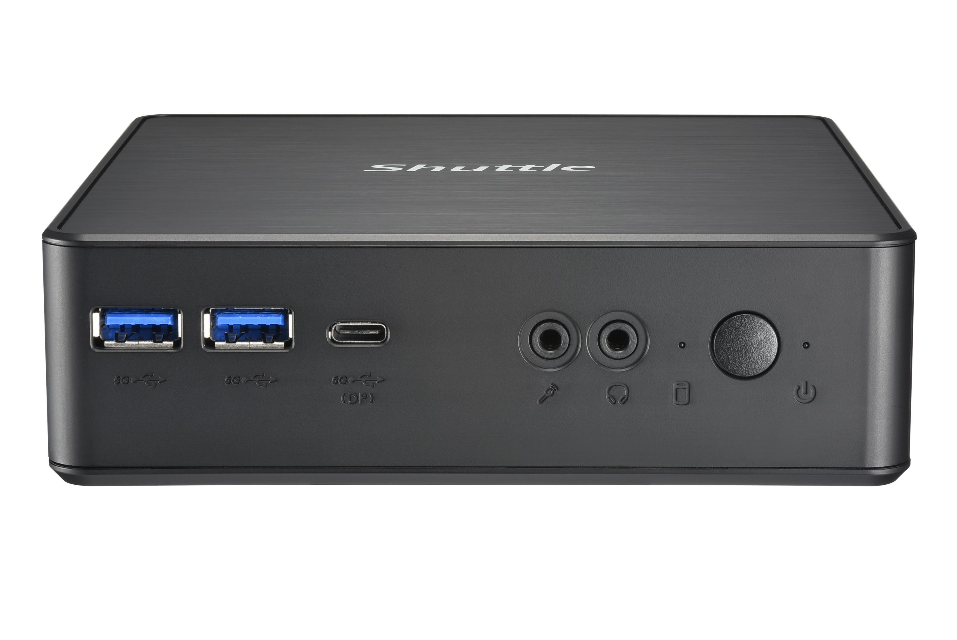 Kompaktowy czarny komputer Shuttle z portami USB, USB-C, audio i zasilania.