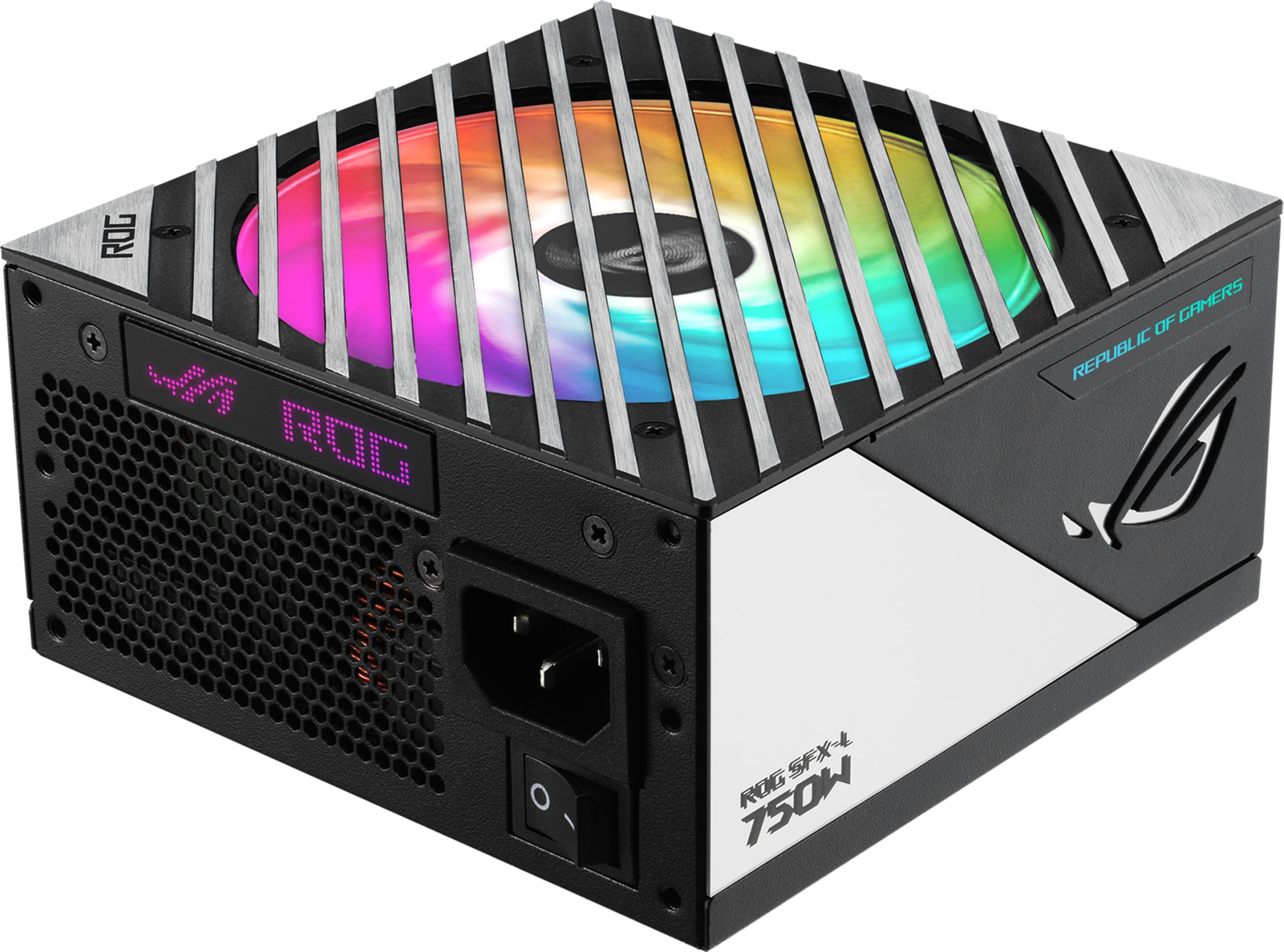Czarny zasilacz z srebrnymi paskami i wentylatorem RGB. Oznakowanie ROG 750W.