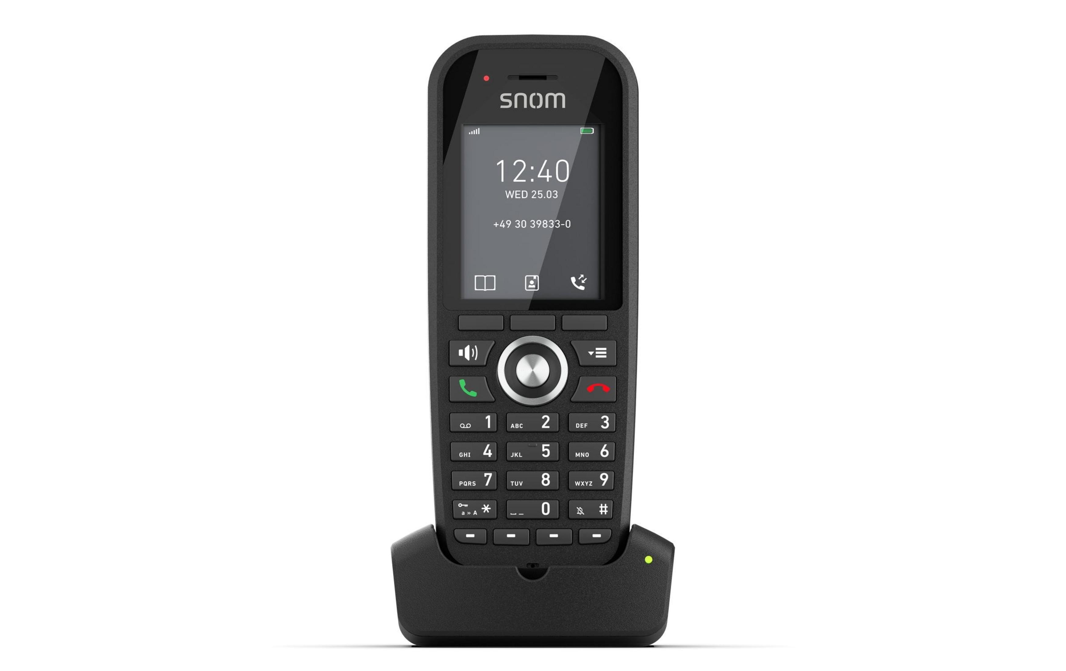 Un teléfono inalámbrico negro con botones y pantalla sobre una base de carga.