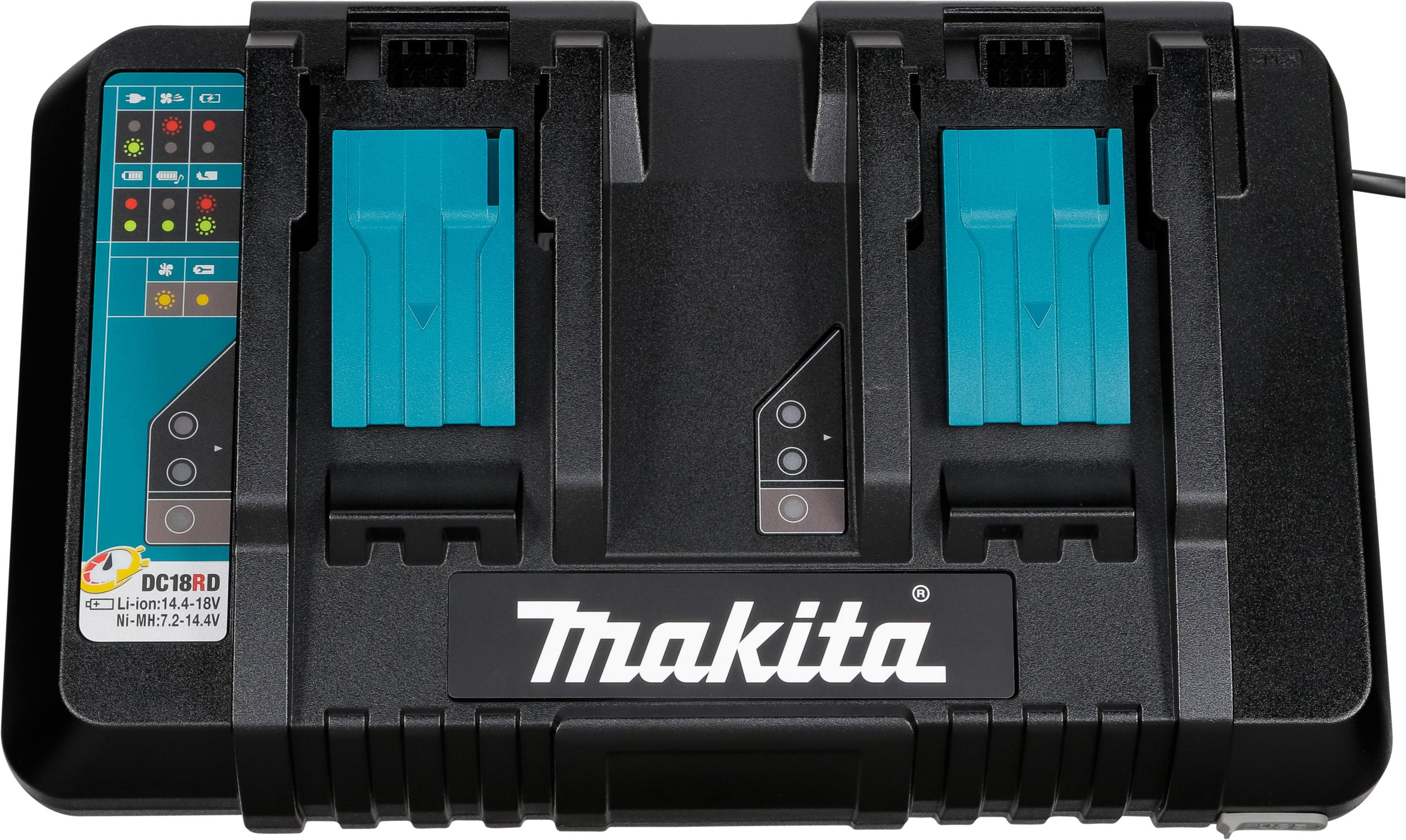 Zwei schwarze Makita-Akkuladegeräte mit blauen Akku-Schlitzen und Ladeanzeigen.