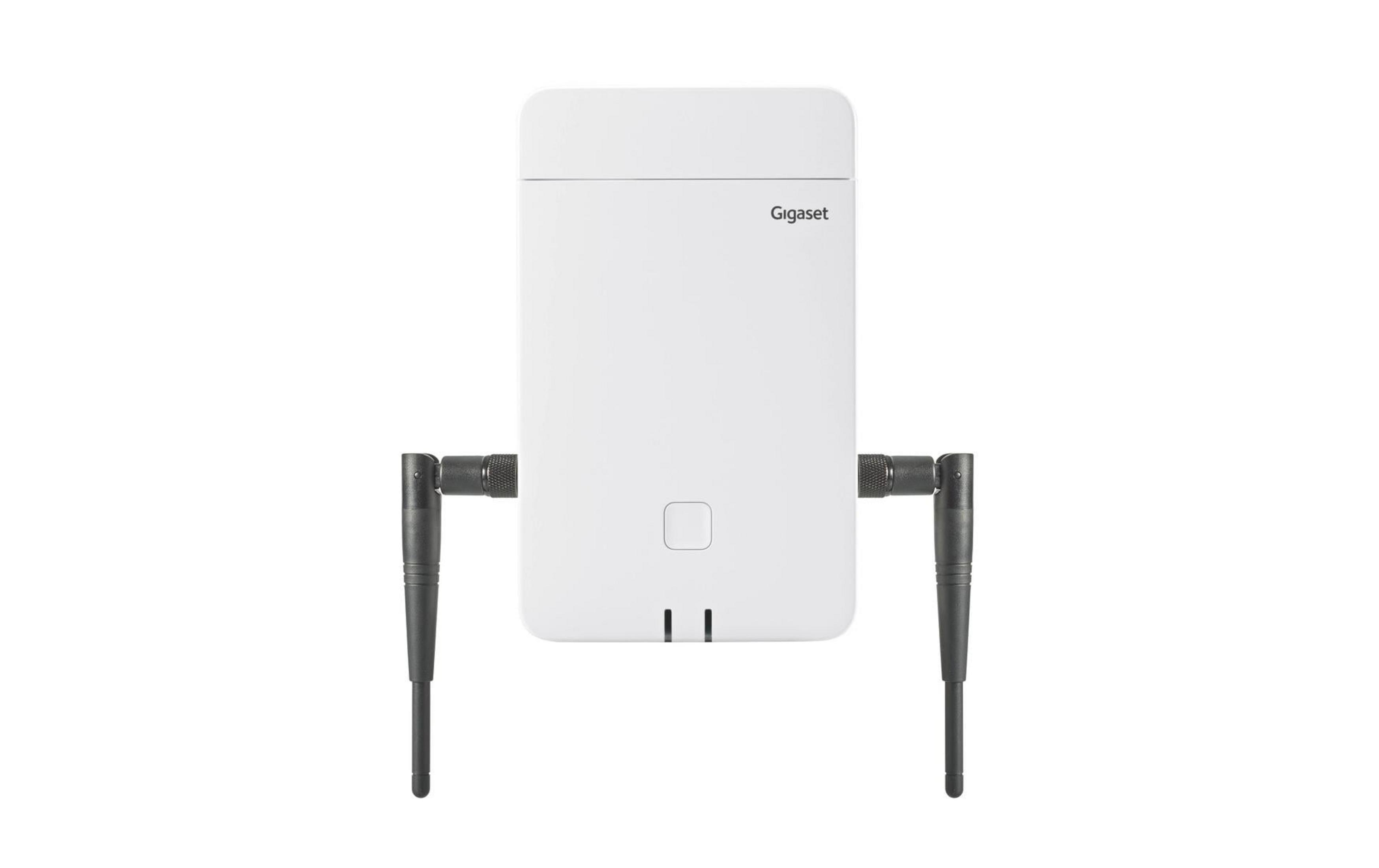 Un dispositivo Gigaset bianco con due antenne nere, su sfondo bianco.