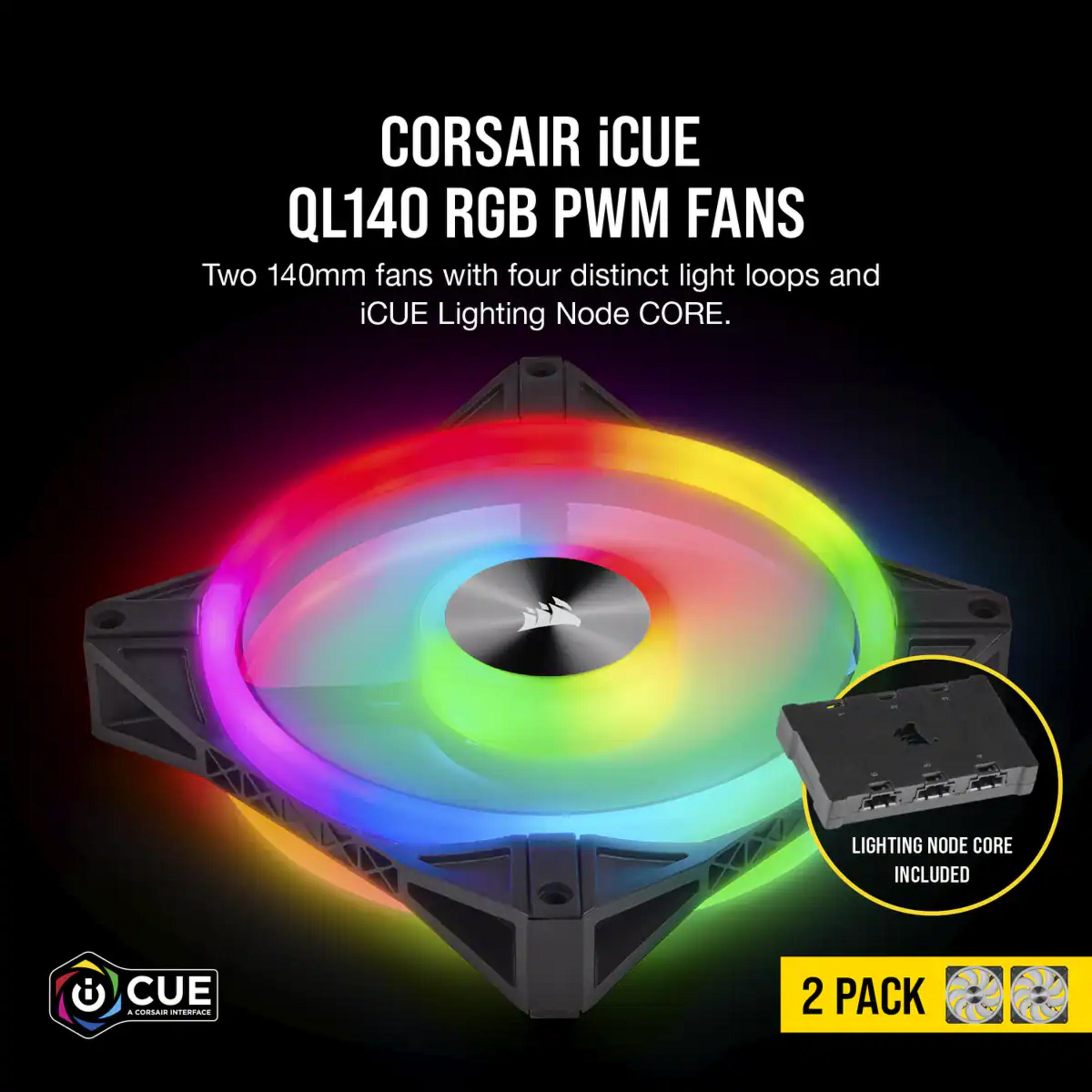Wentylatory Corsair iCUE QL140 RGB PWM z Lighting Node Core, pokazane z tęczowymi światłami.