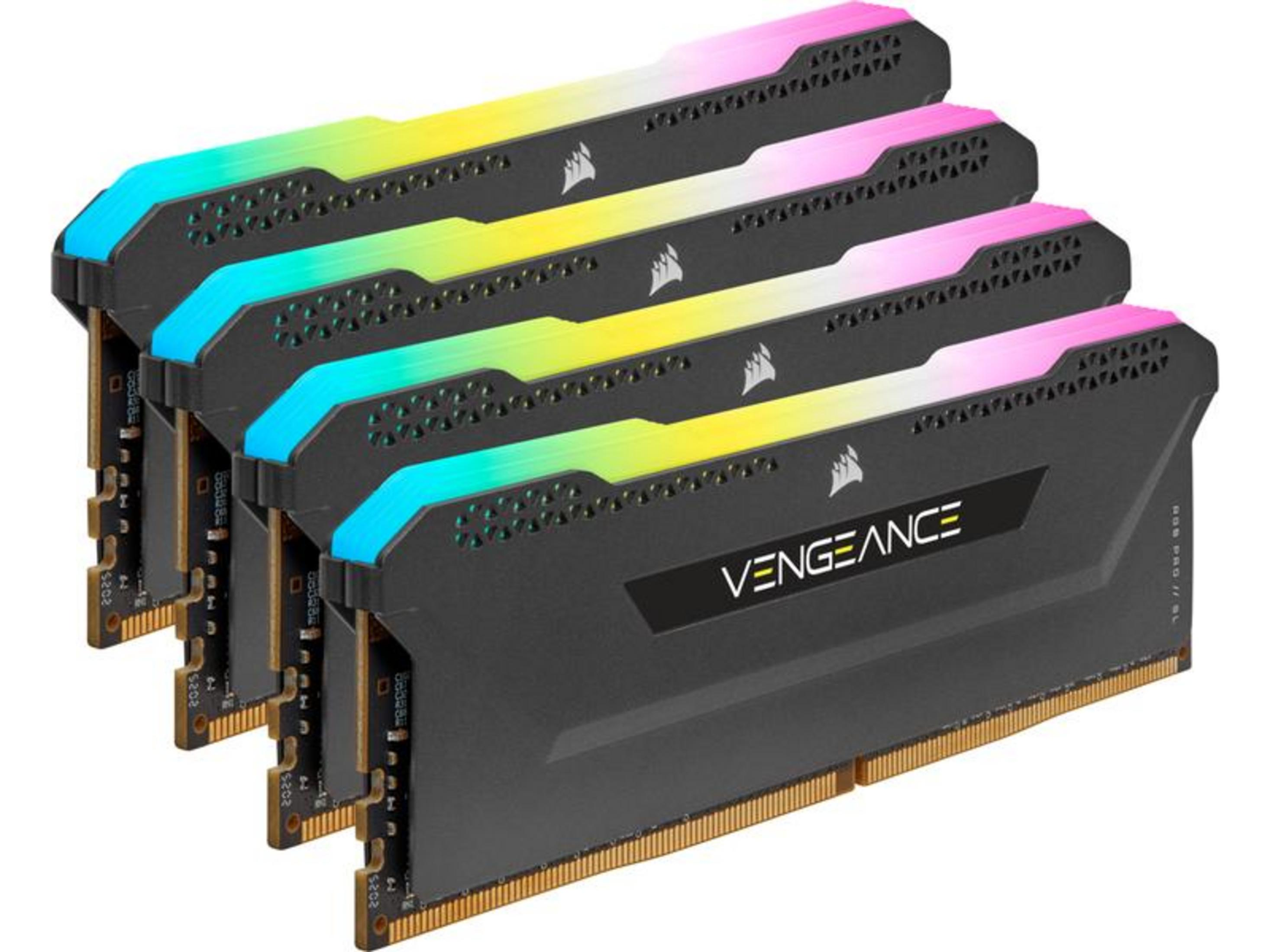 Cztery czarne moduły RAM Corsair Vengeance RGB z kolorowym podświetleniem.