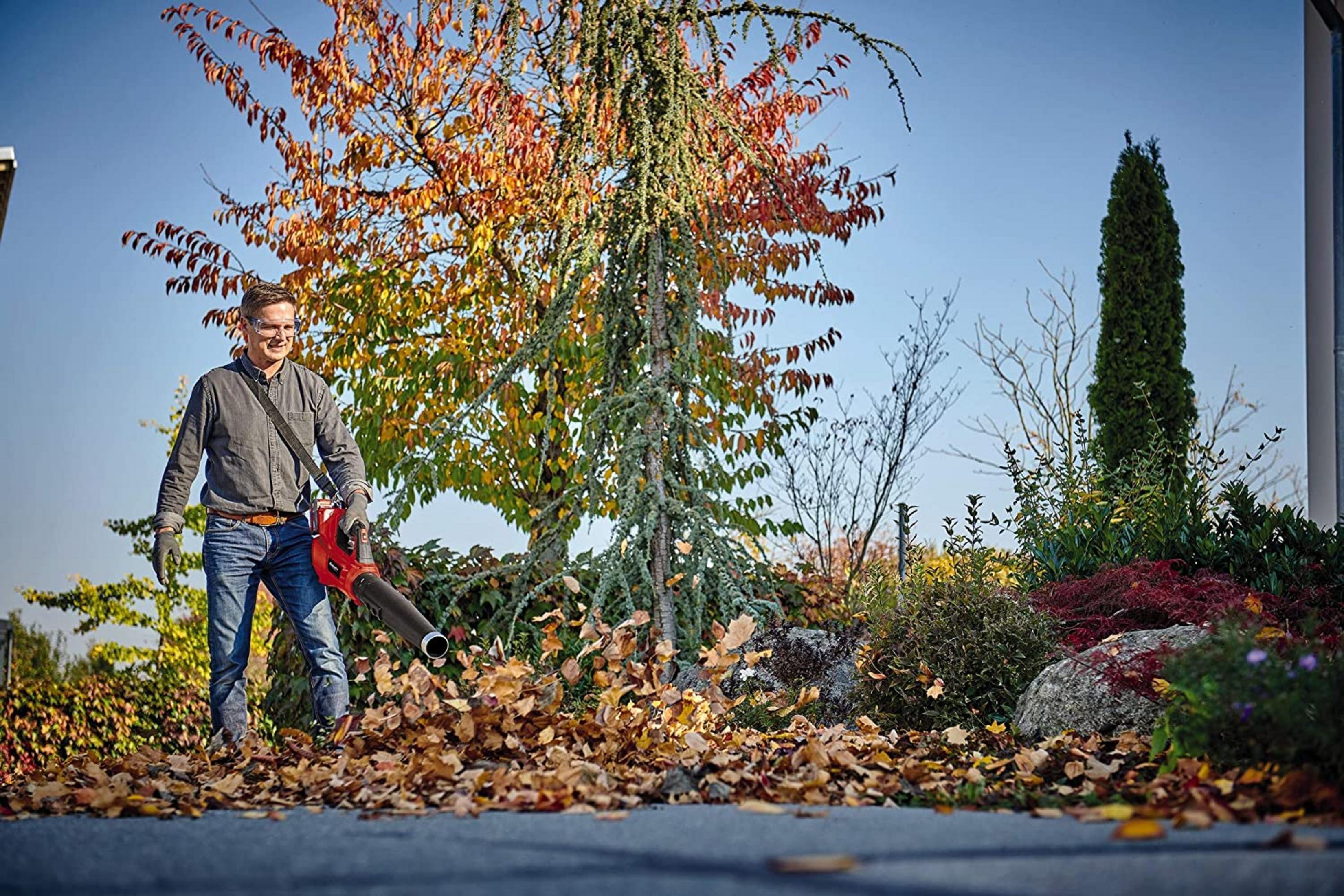 Mann bläst Laub mit Laubbläser, Herbst, Bäume, blauer Himmel.