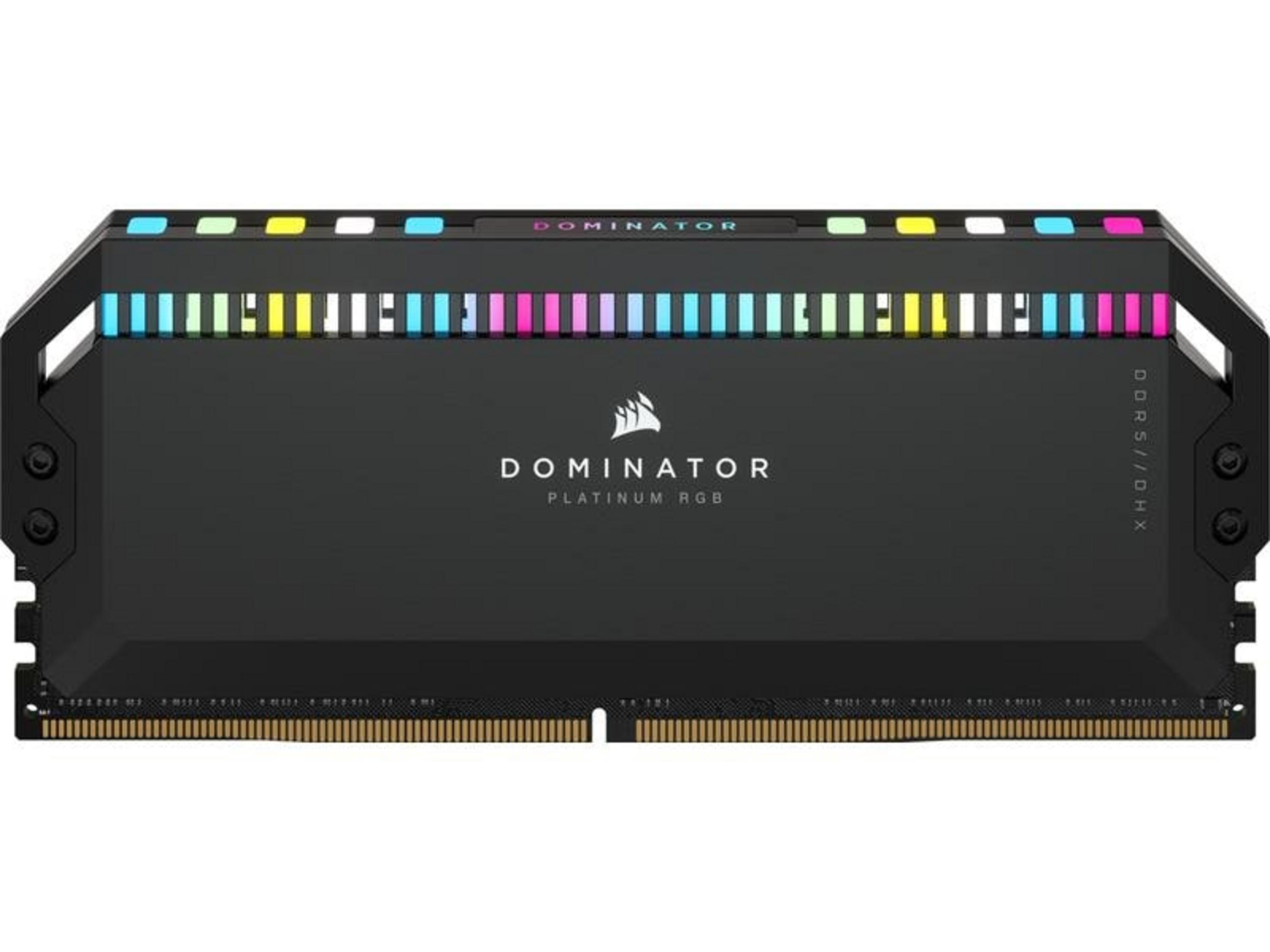 Czarny moduł RAM z podświetleniem RGB i napisem „Dominator Platinum RGB”.