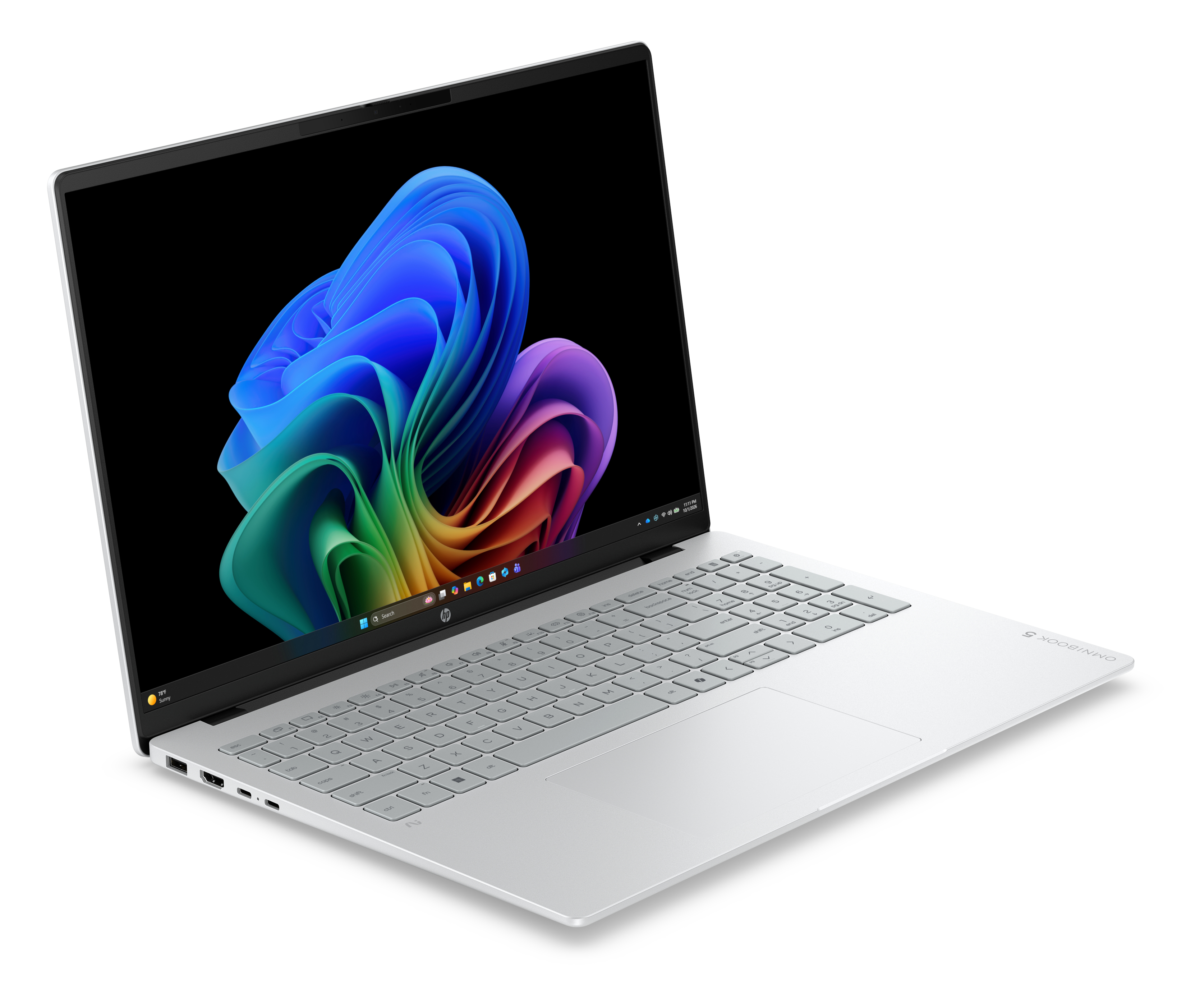 Laptop argentato con uno sfondo colorato visualizzato sullo schermo.