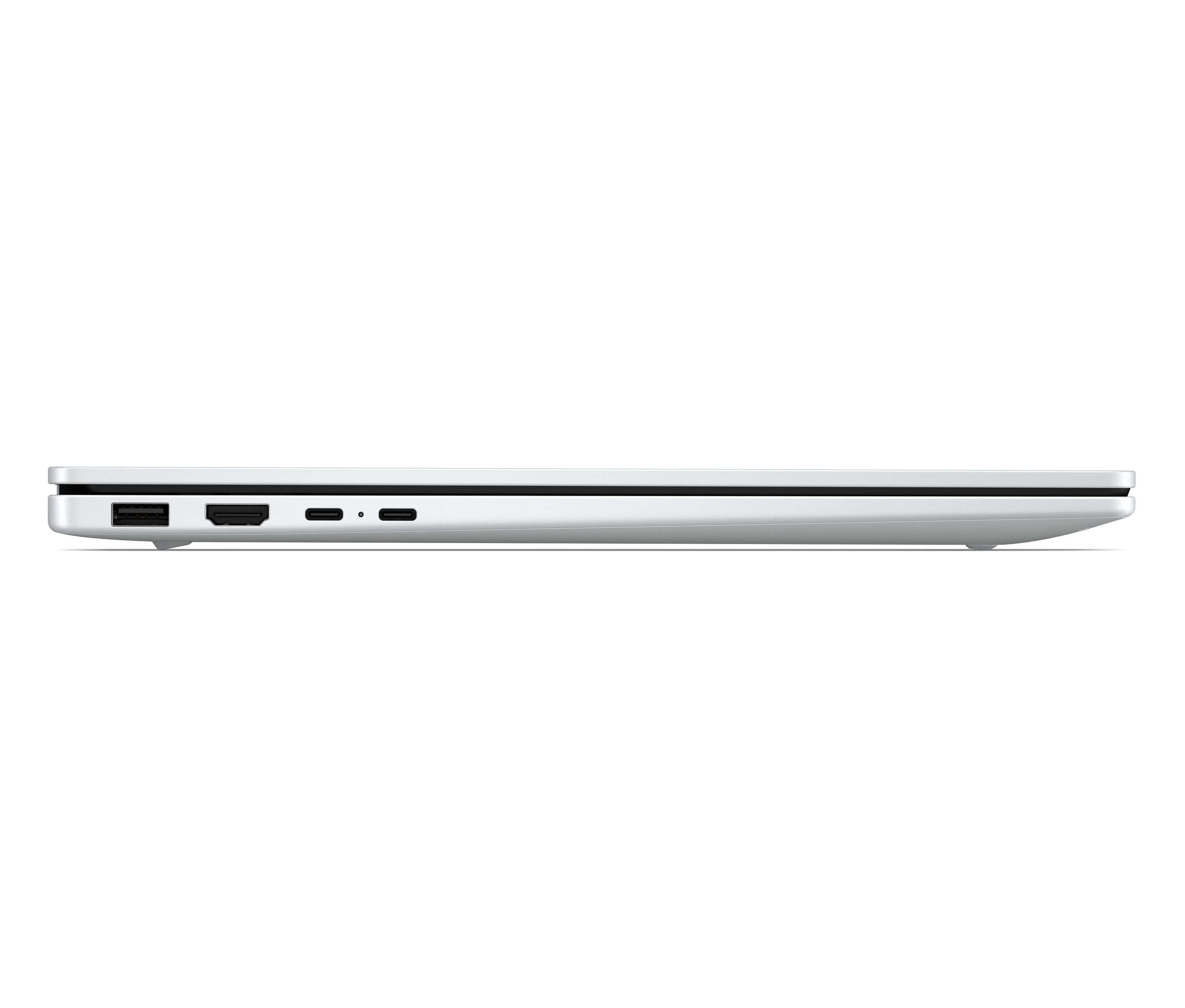 Vista laterale di un laptop argentato che mostra le porte: USB, HDMI, due USB-C.